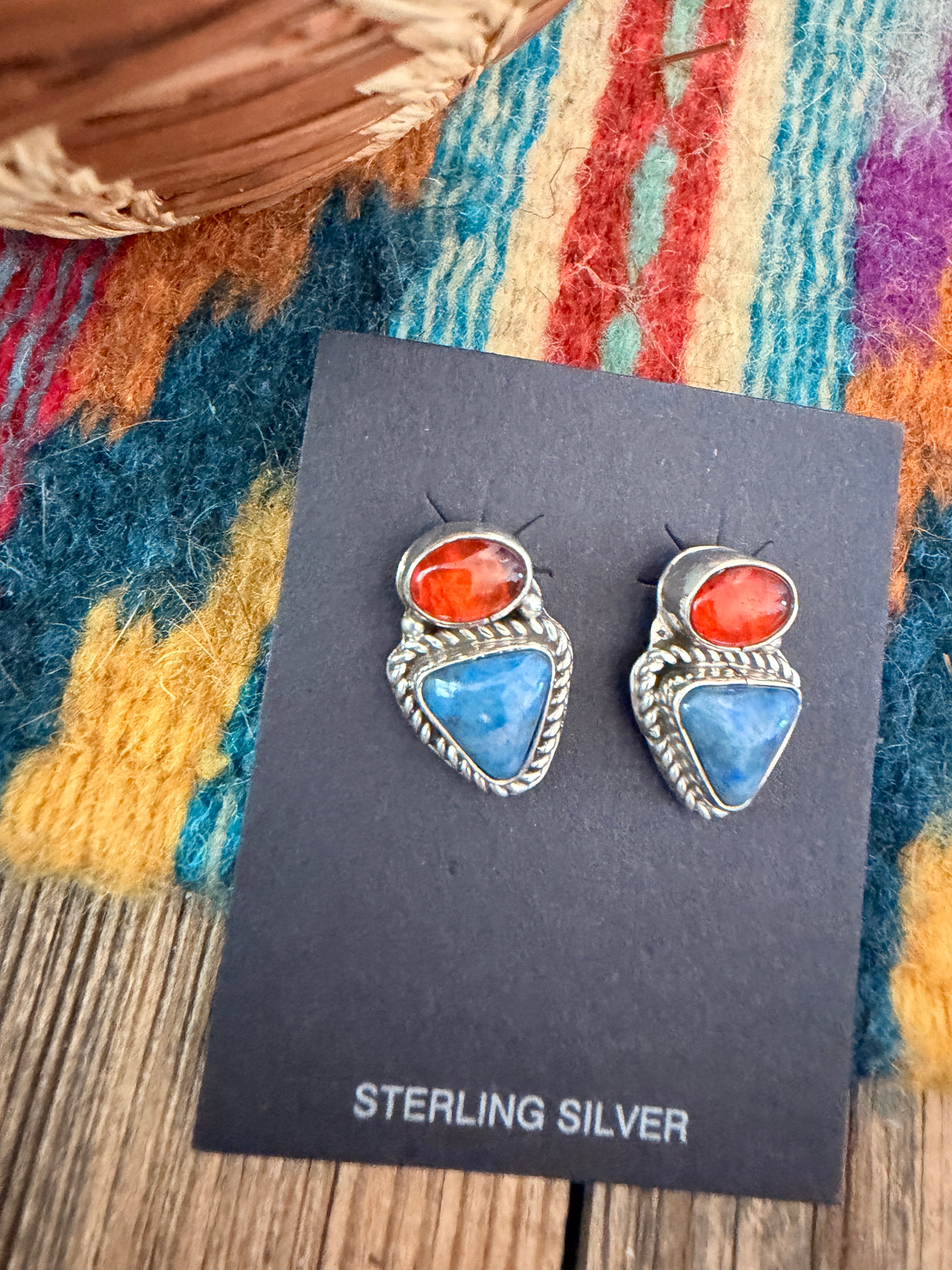 Handcrafted Lapis, Carnelian & Sterling Silver Post Earrings