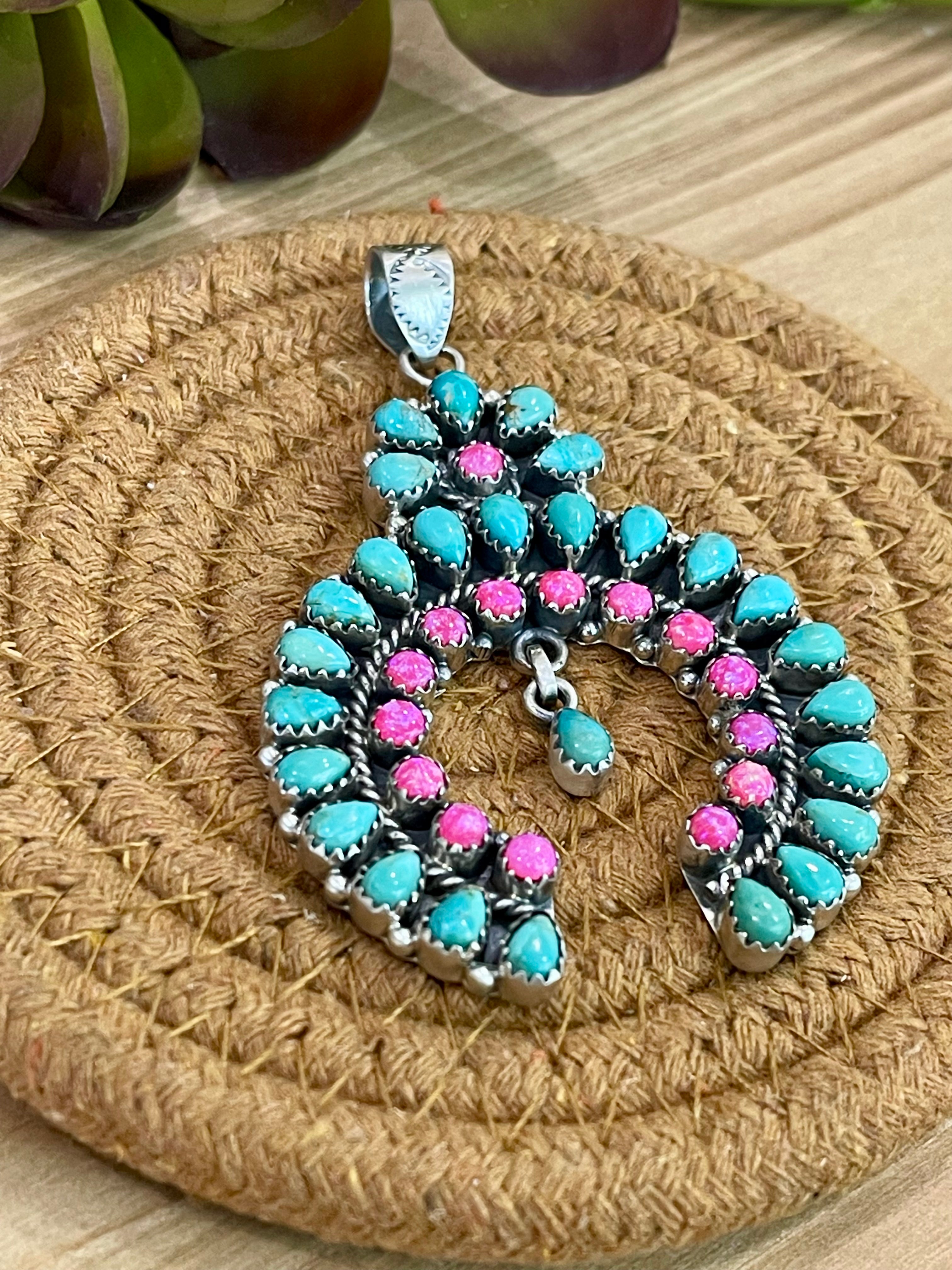 Handmade Sterling Silver , Turquoise & Pink Fire Opal Cluster Naja Pendant