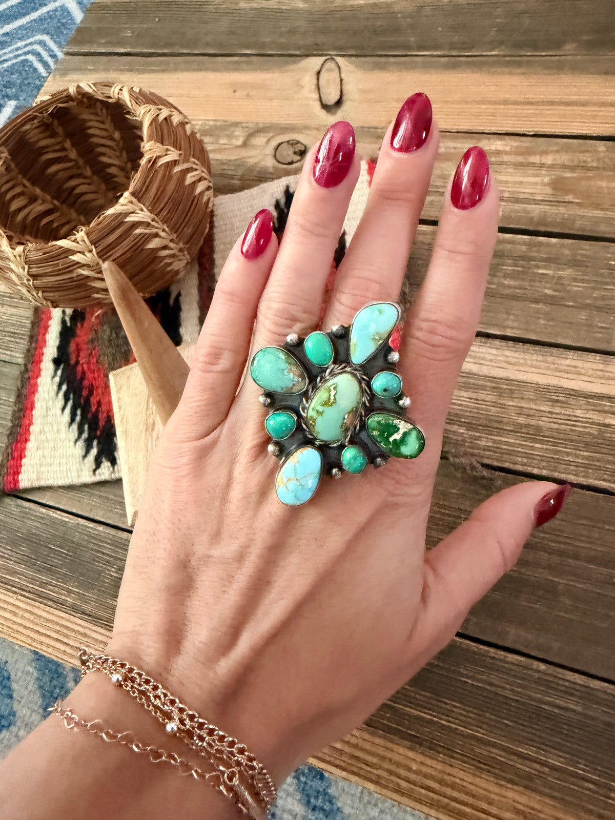 Handcrafted Turquoise & Sterling Silver Cluster Adjustable Ring