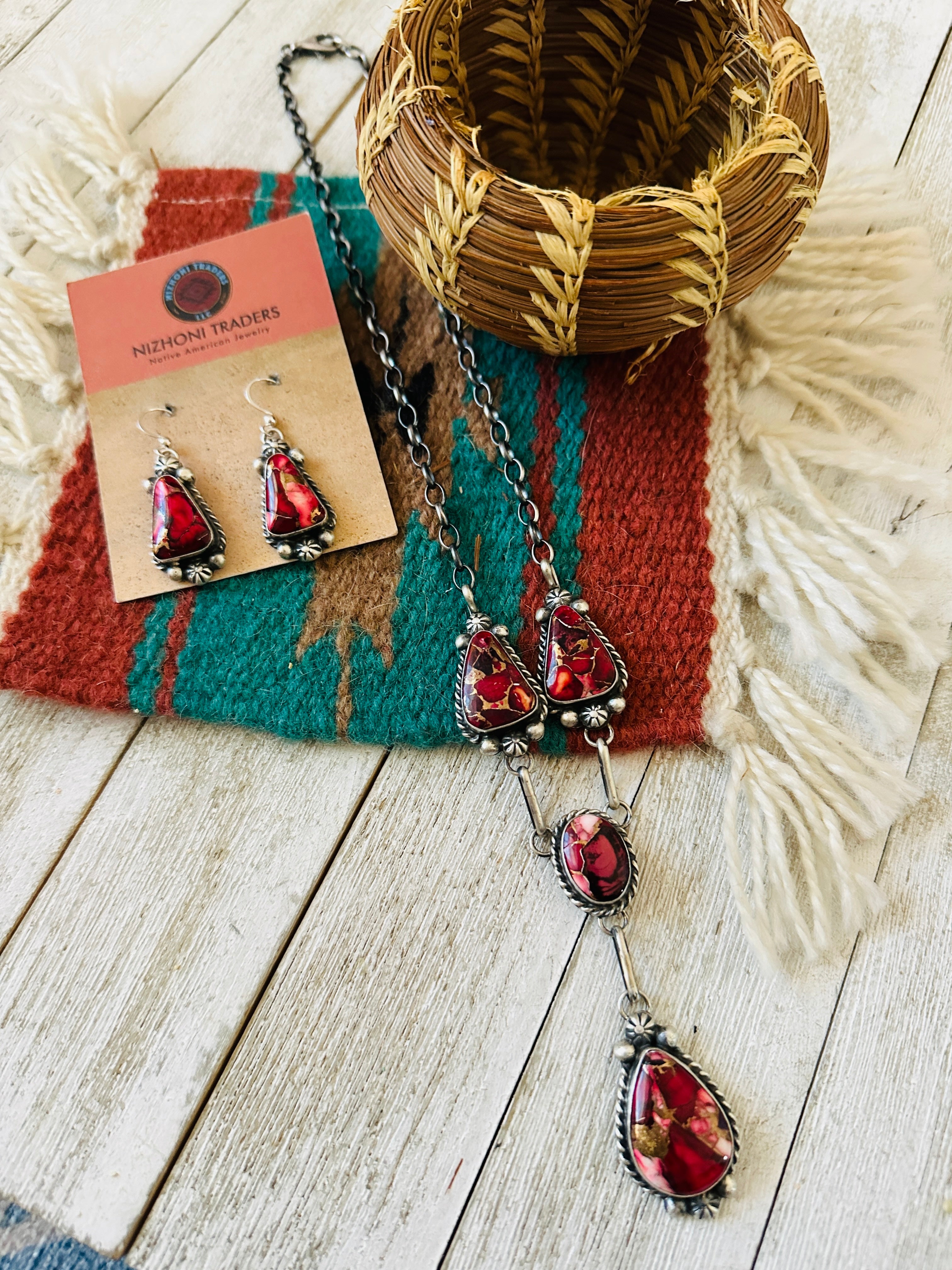 Handcrafted Sterling Silver & Rose Dahlia Lariat Necklace Set by Augustine Largo