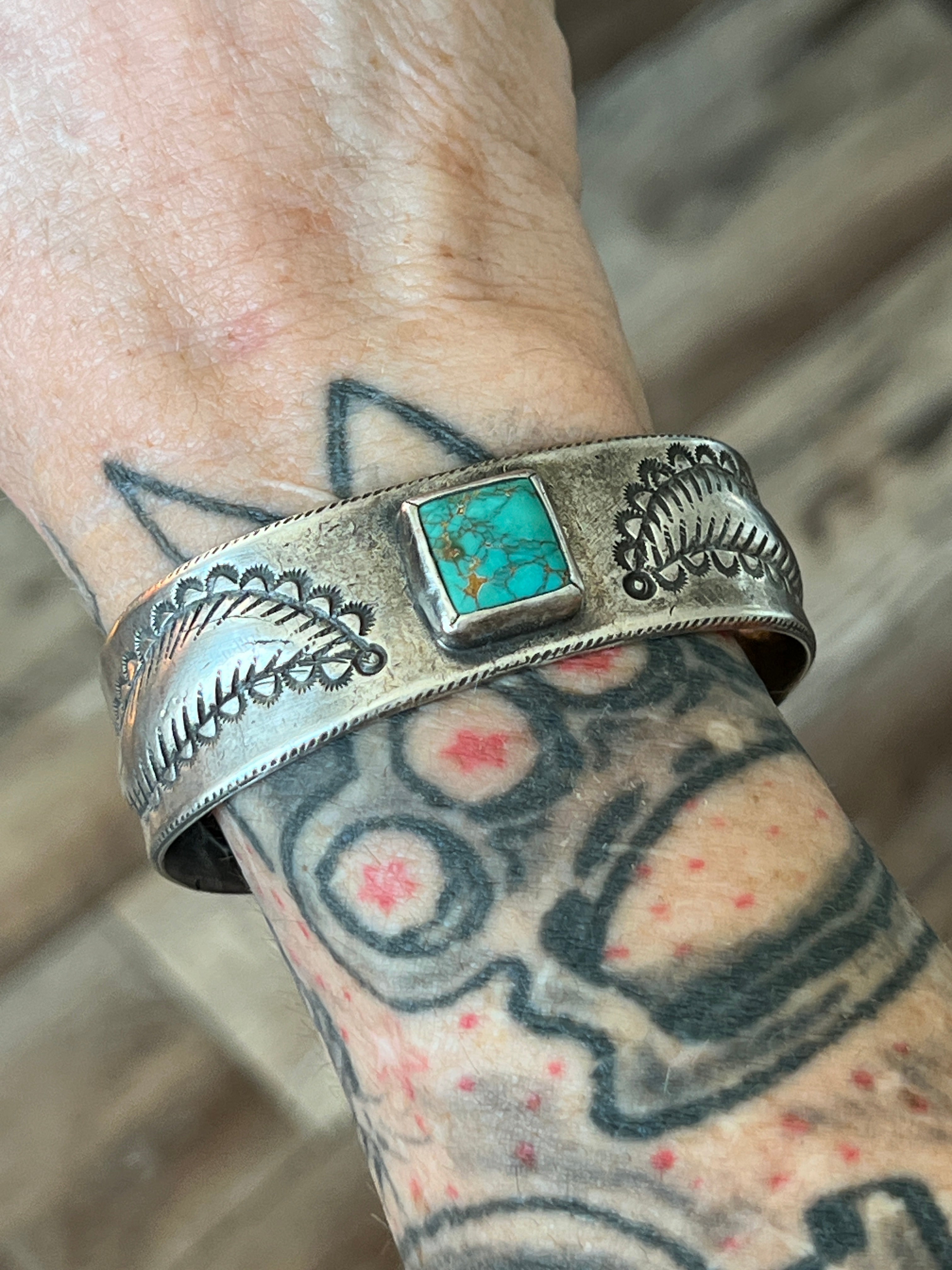 Hand Forged Old Pawn Sterling Silver & Turquoise Ingot Cuff Bracelet by Santa Fe Artist, Buffalo, The Zephyr