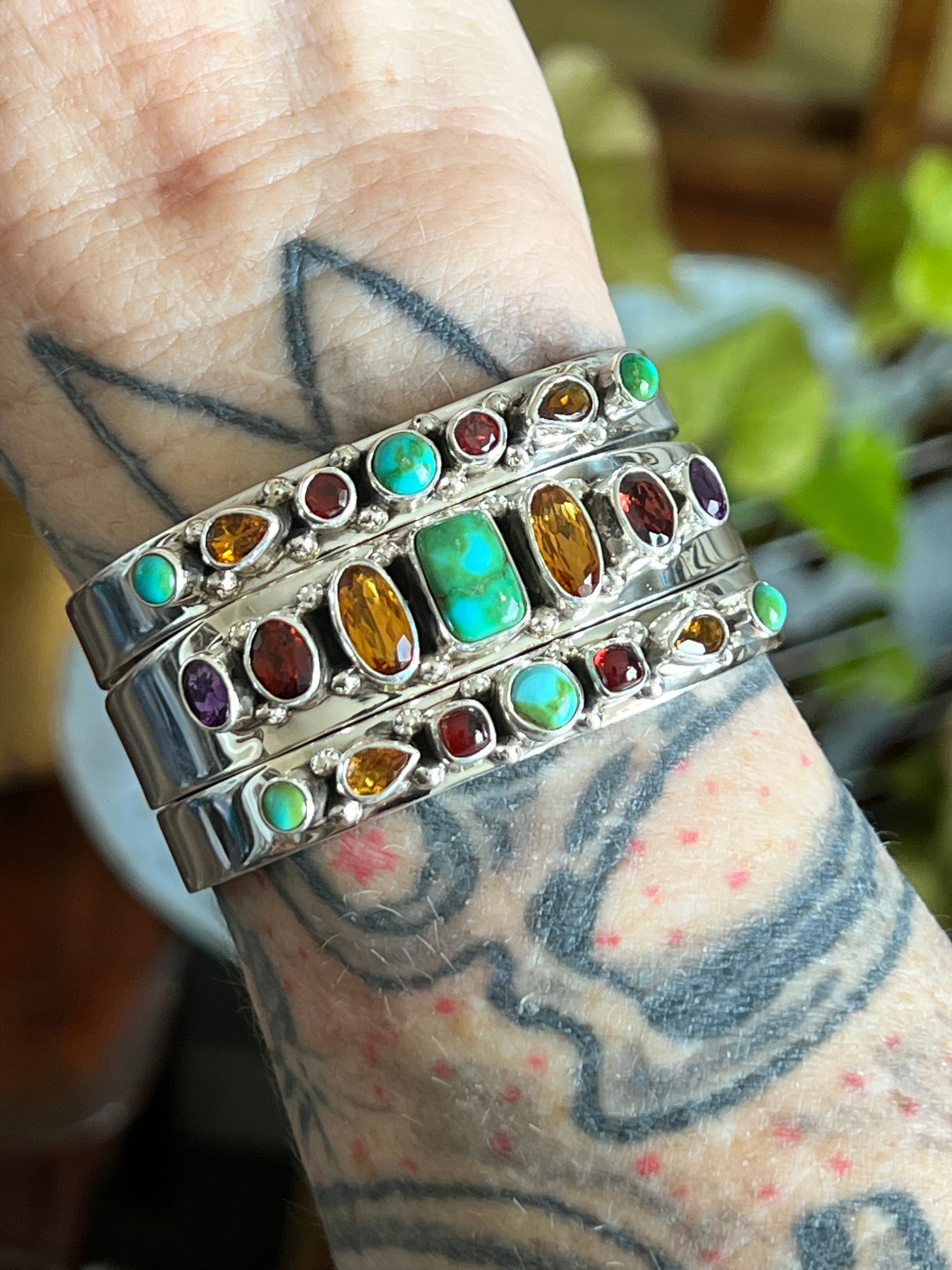 Handcrafted Sterling Silver Gems & Jewels Stacker Cuff Bracelet by Lucy Jake, Wider