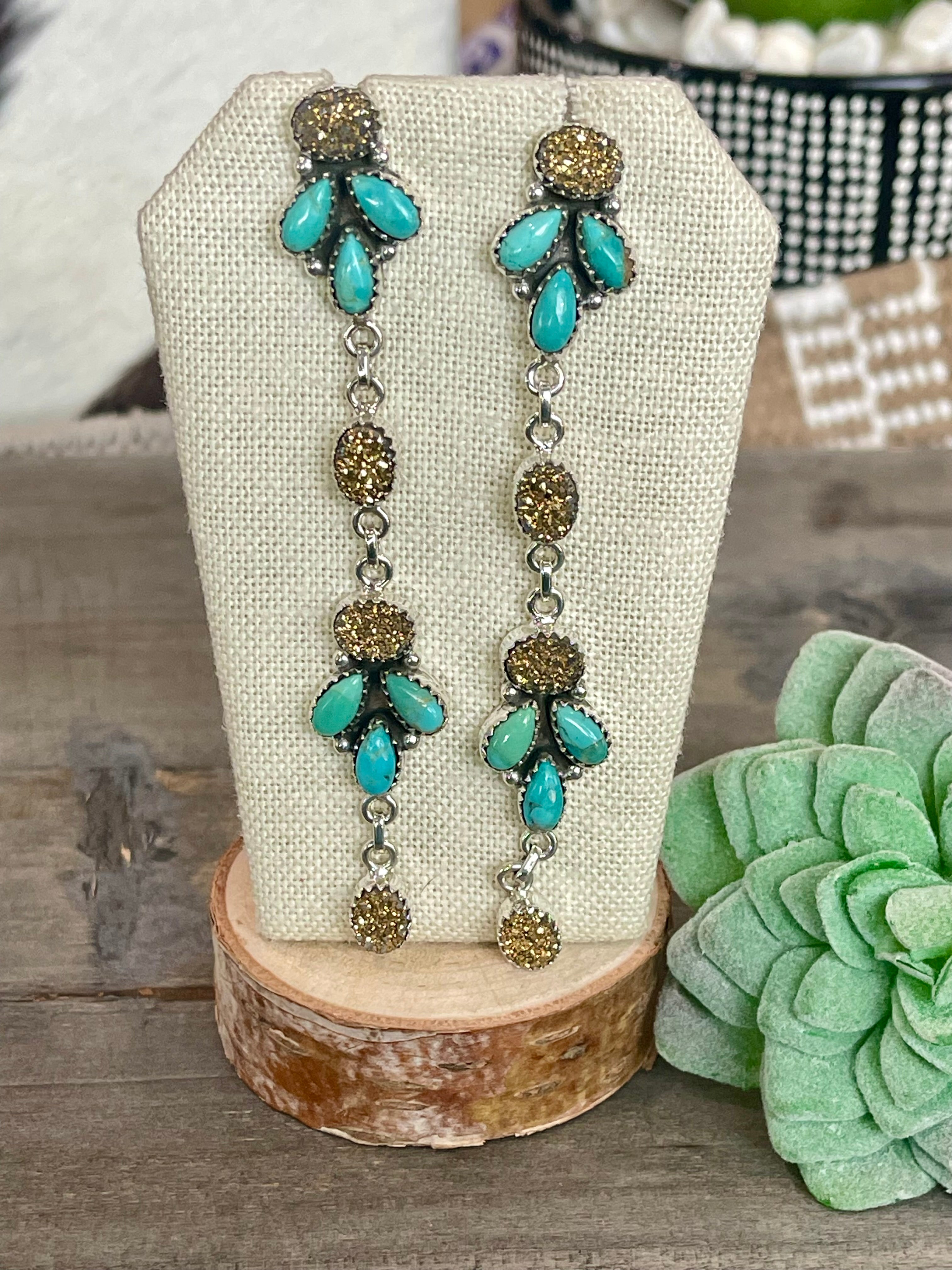Handmade Sterling Silver Turquoise & Druzy Dangle Earrings