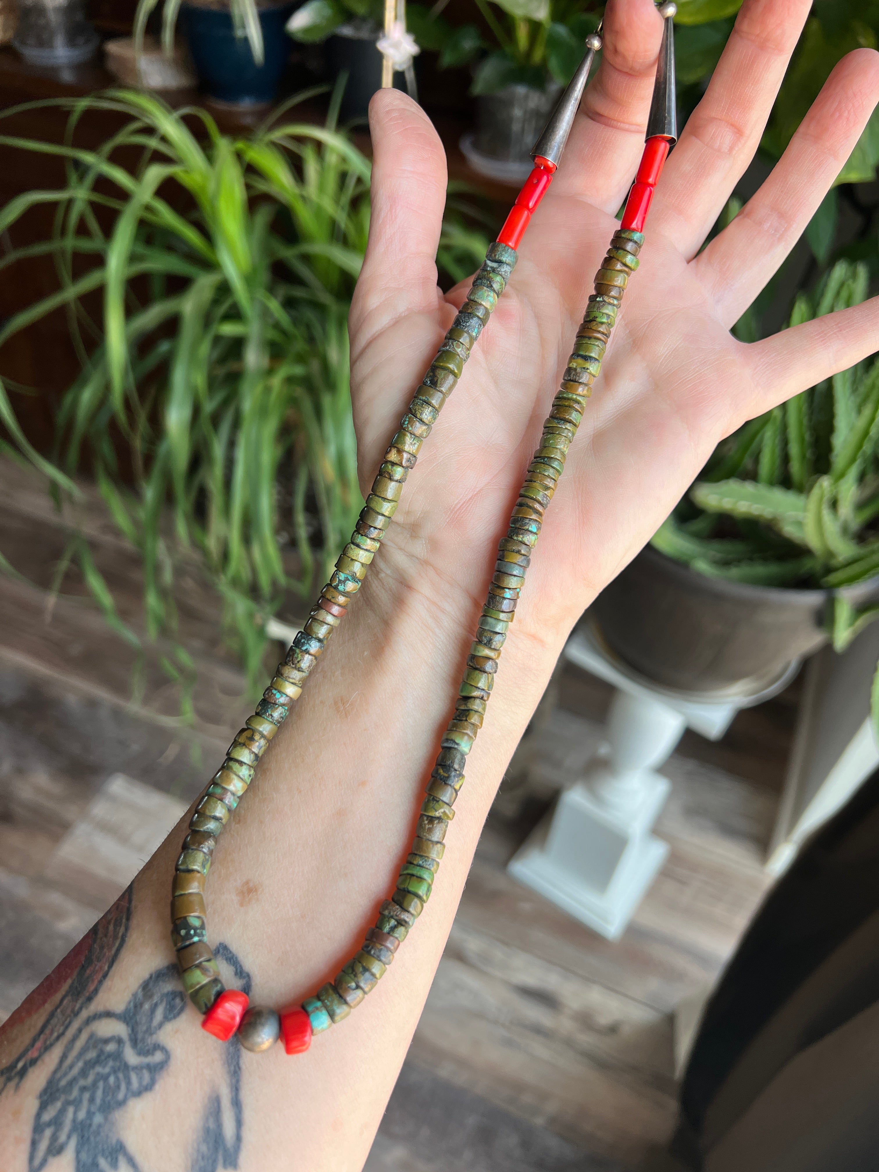 Handcrafted Hubei Turquoise Beaded Necklace with Sterling Silver and Bamboo Coral by Kirby Smith: 13 To Choose From!