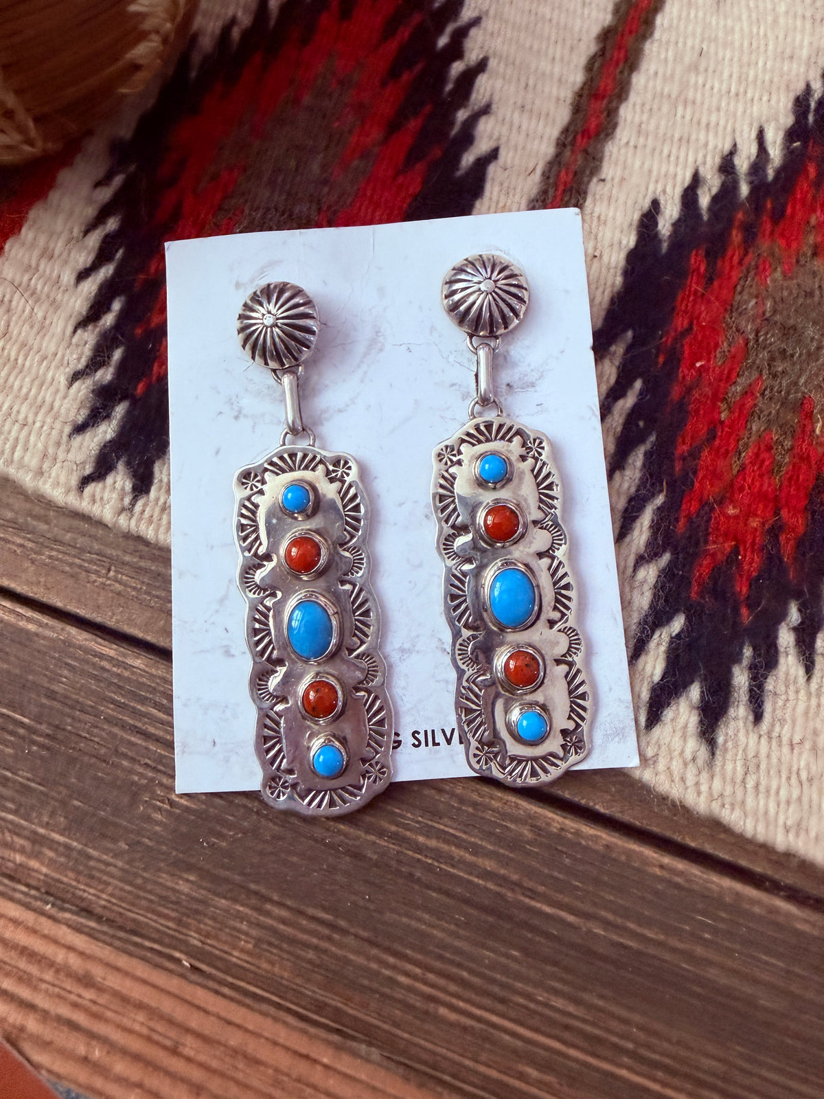 Handcrafted Turquoise, Coral & Sterling Silver Dangle Earrings by Jeff James Jr