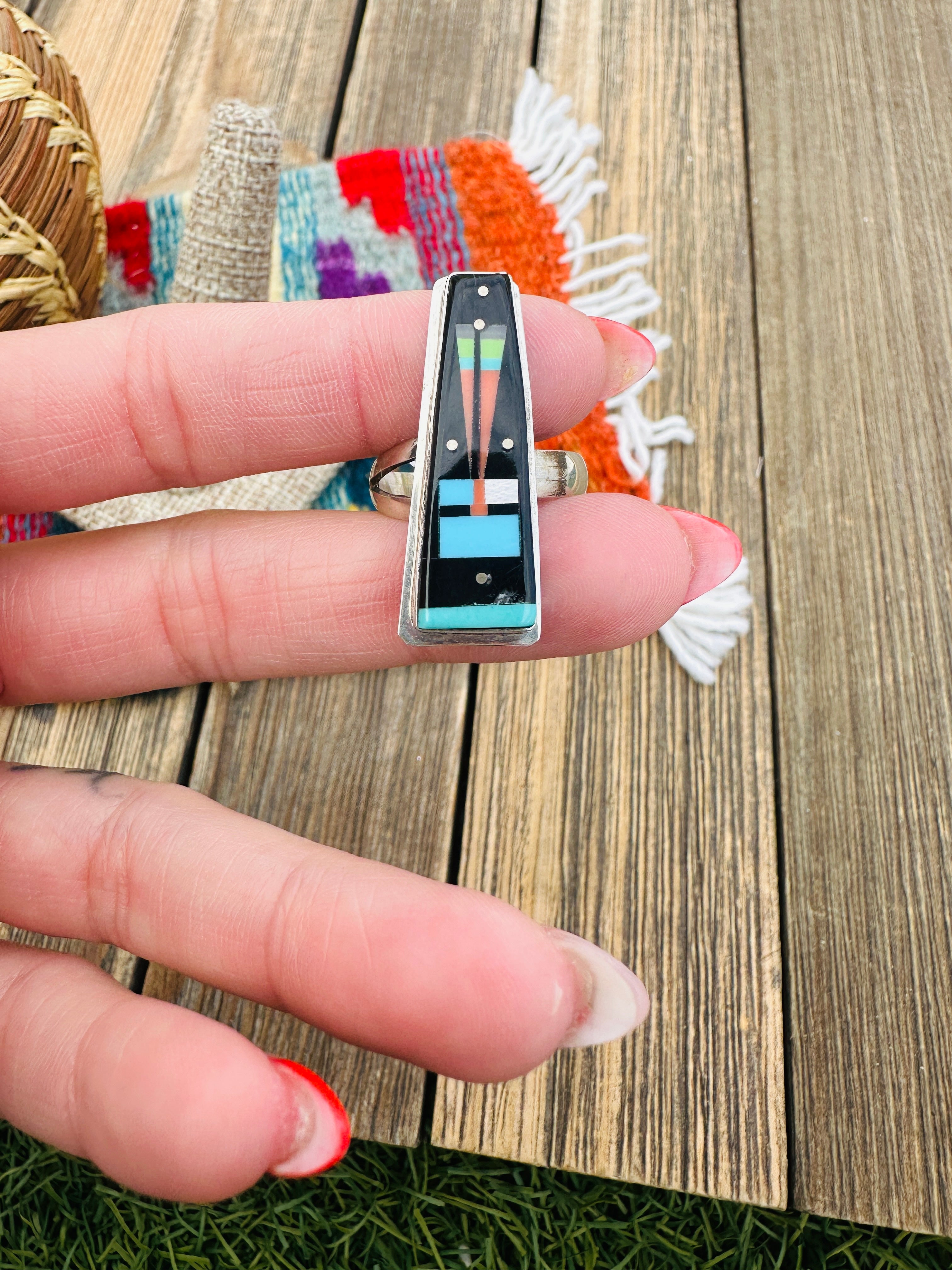 Handcrafted Multi Stone & Sterling Silver Inlay Adjustable Ring by Gilbert Smith