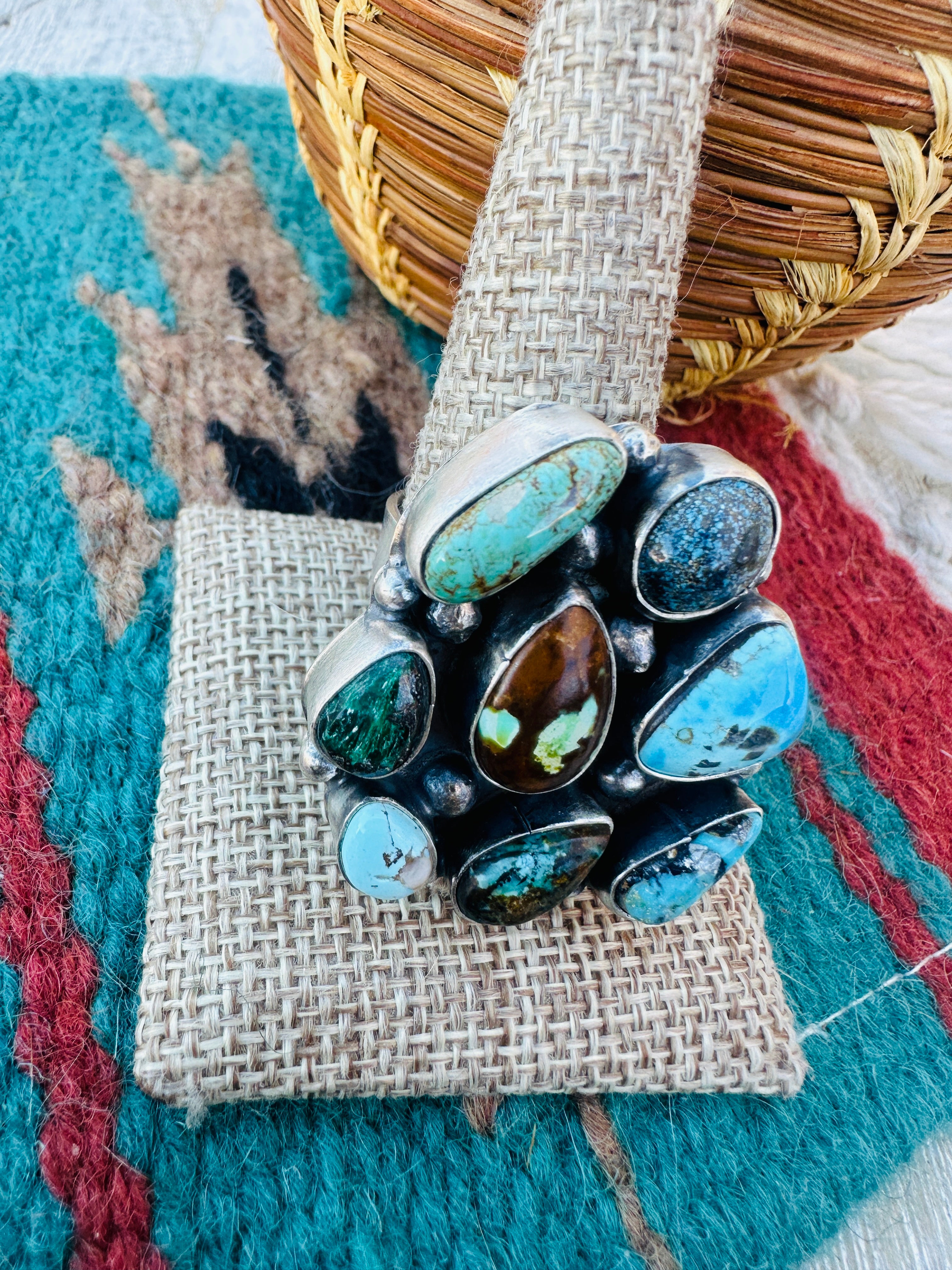 Hand Crafted Multi Turquoise & Sterling Silver Cluster Adjustable Ring by Sheila Becenti