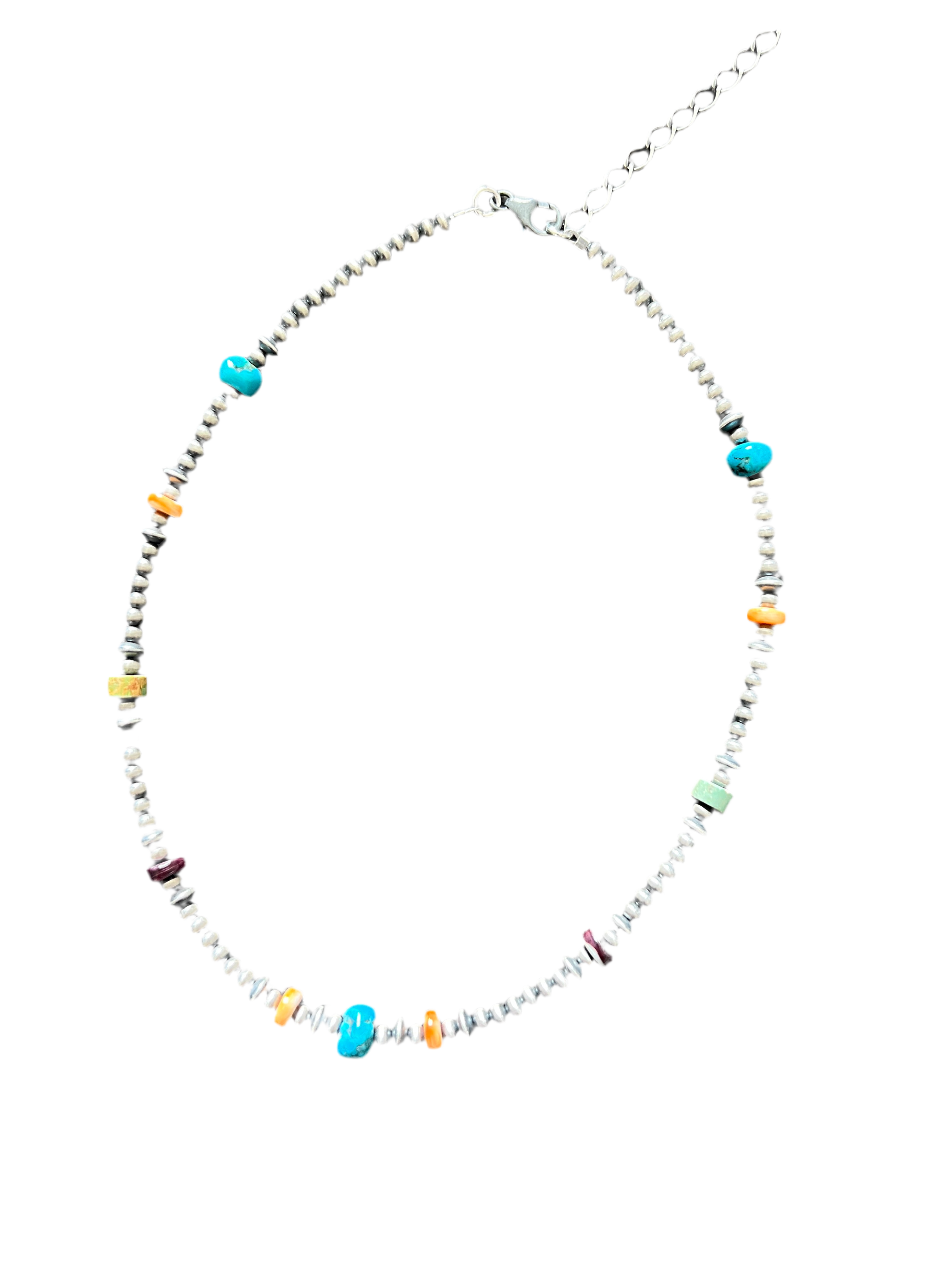 Summer Lovin’ Beaded Layering Necklace with Sterling Silver, Spiny Oyster Shell and Turquoise, 14 + 2”, The Color Drop
