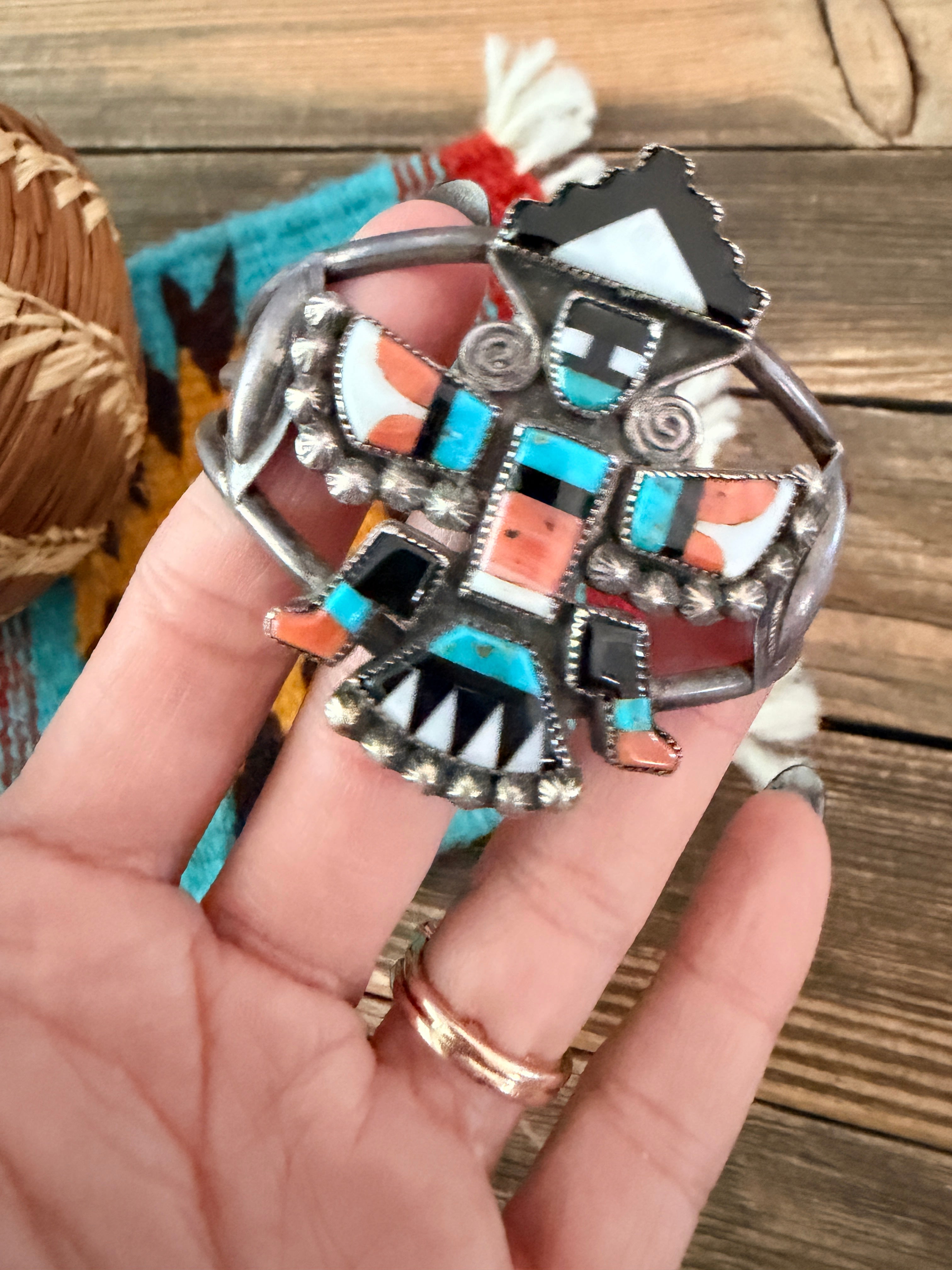 Handcrafted Old Pawn Sterling Silver & Multi Stone Inlay Thunderbird Cuff Bracelet