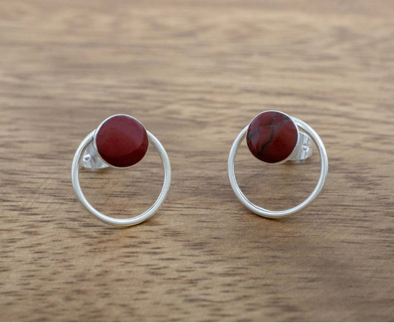 Red Jasper in Circle Frame Sterling Silver Earrings