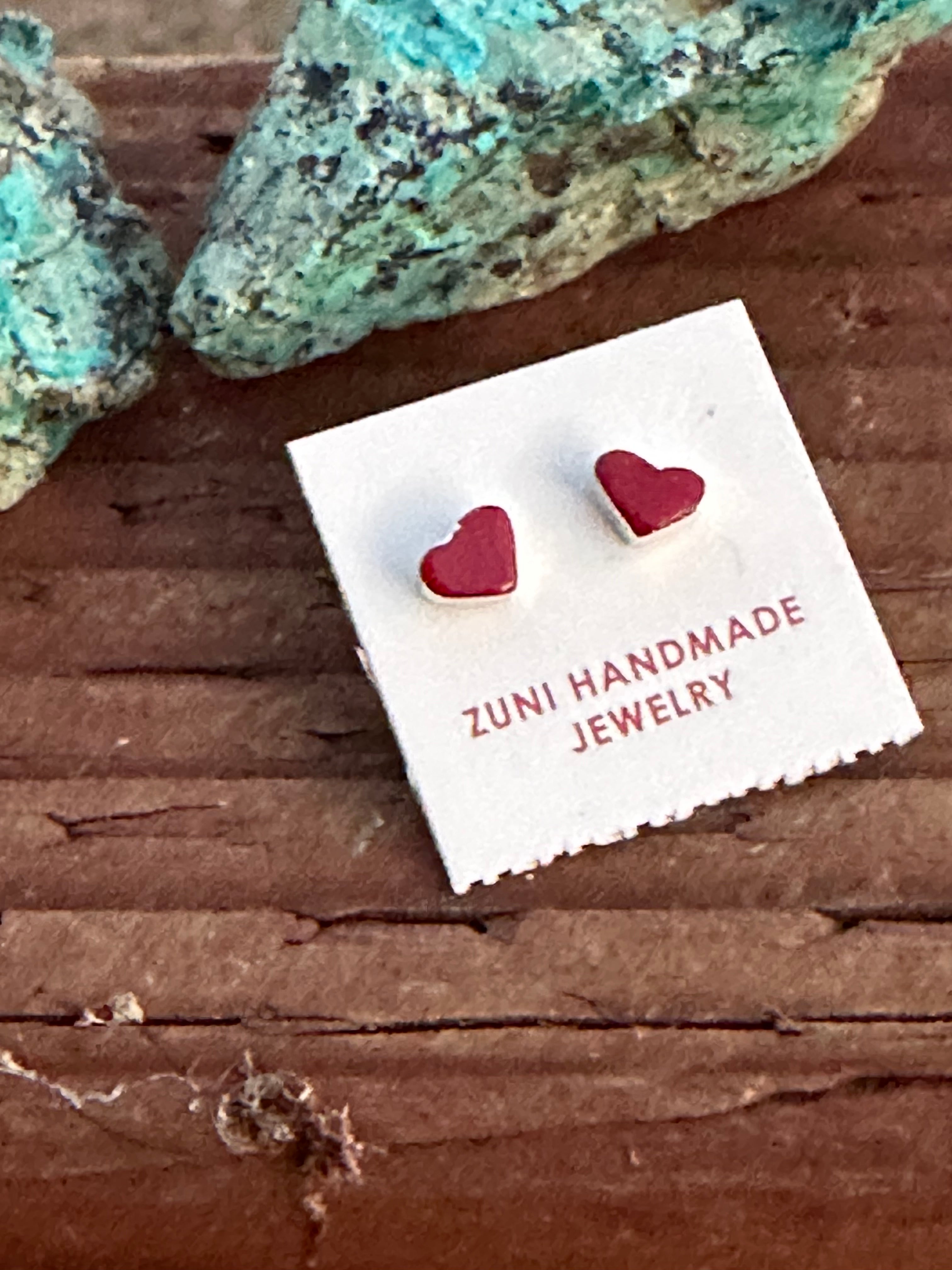 Handcrafted Red Coral & Sterling Silver Heart Stud Earrings