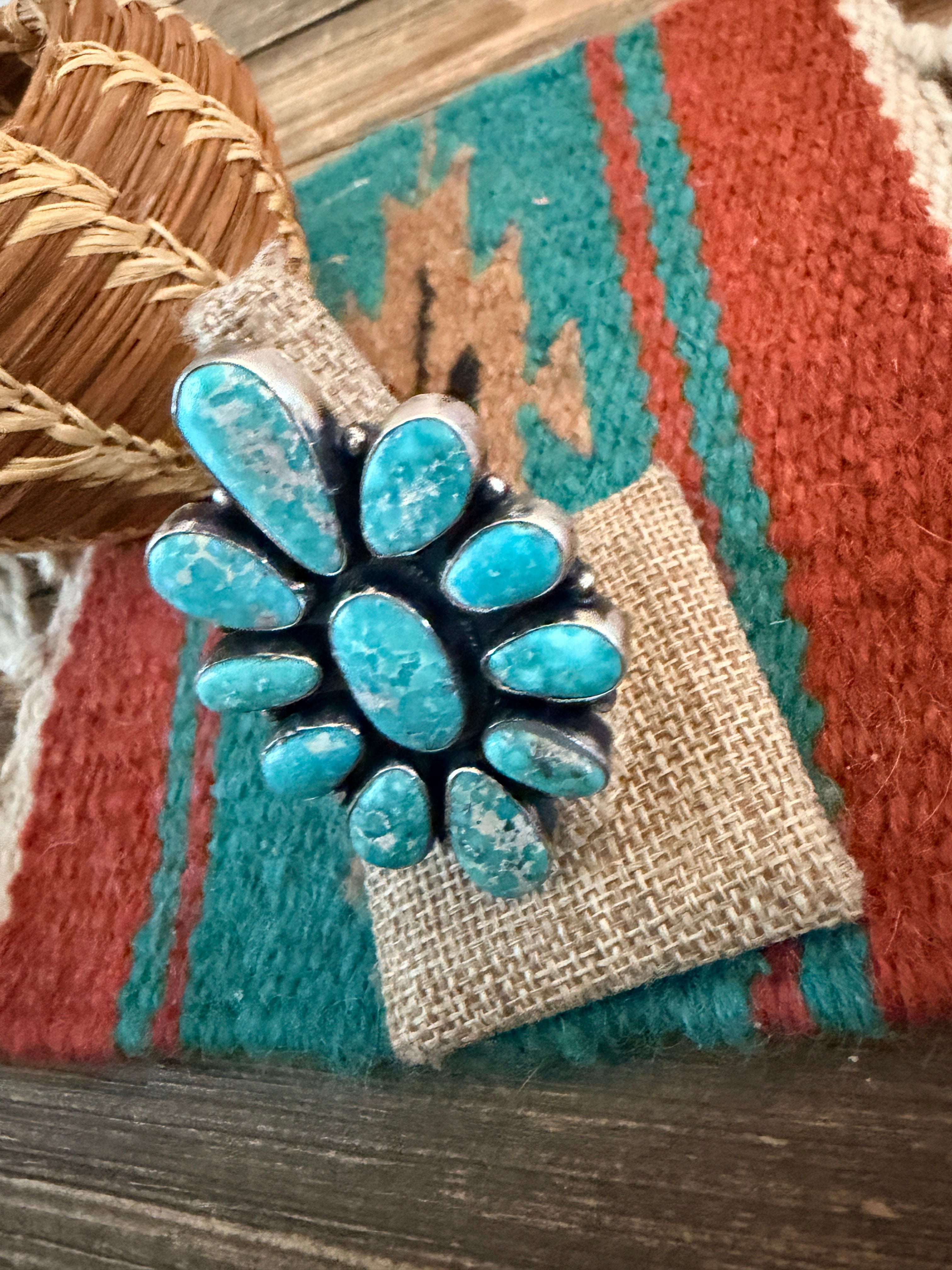Handcrafted Kingman Turquoise & Sterling Silver Cluster Ring Size 8 by Sheila Becenti