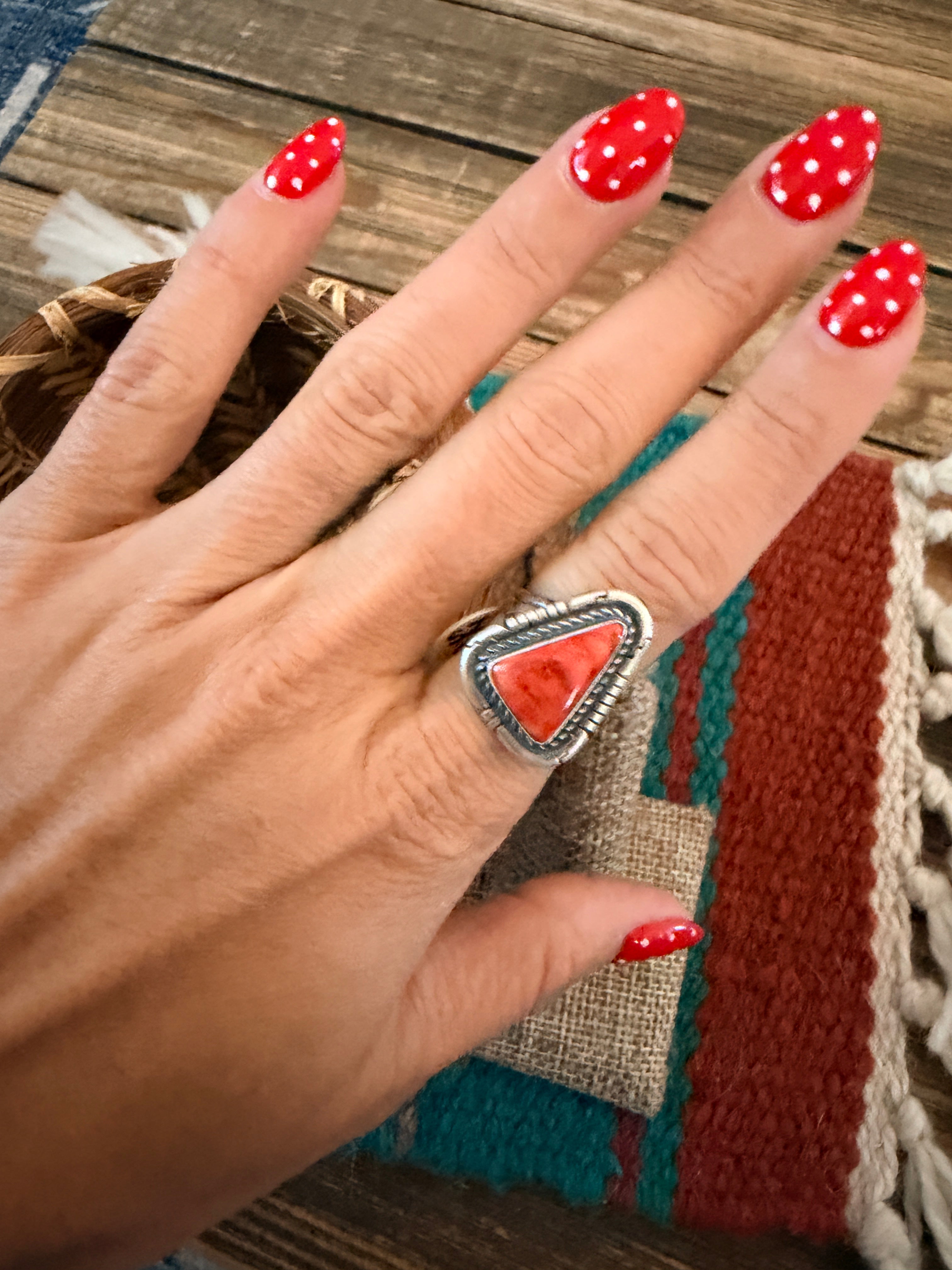 Handcrafted Red Spiny Oyster & Sterling Silver Ring Size 6