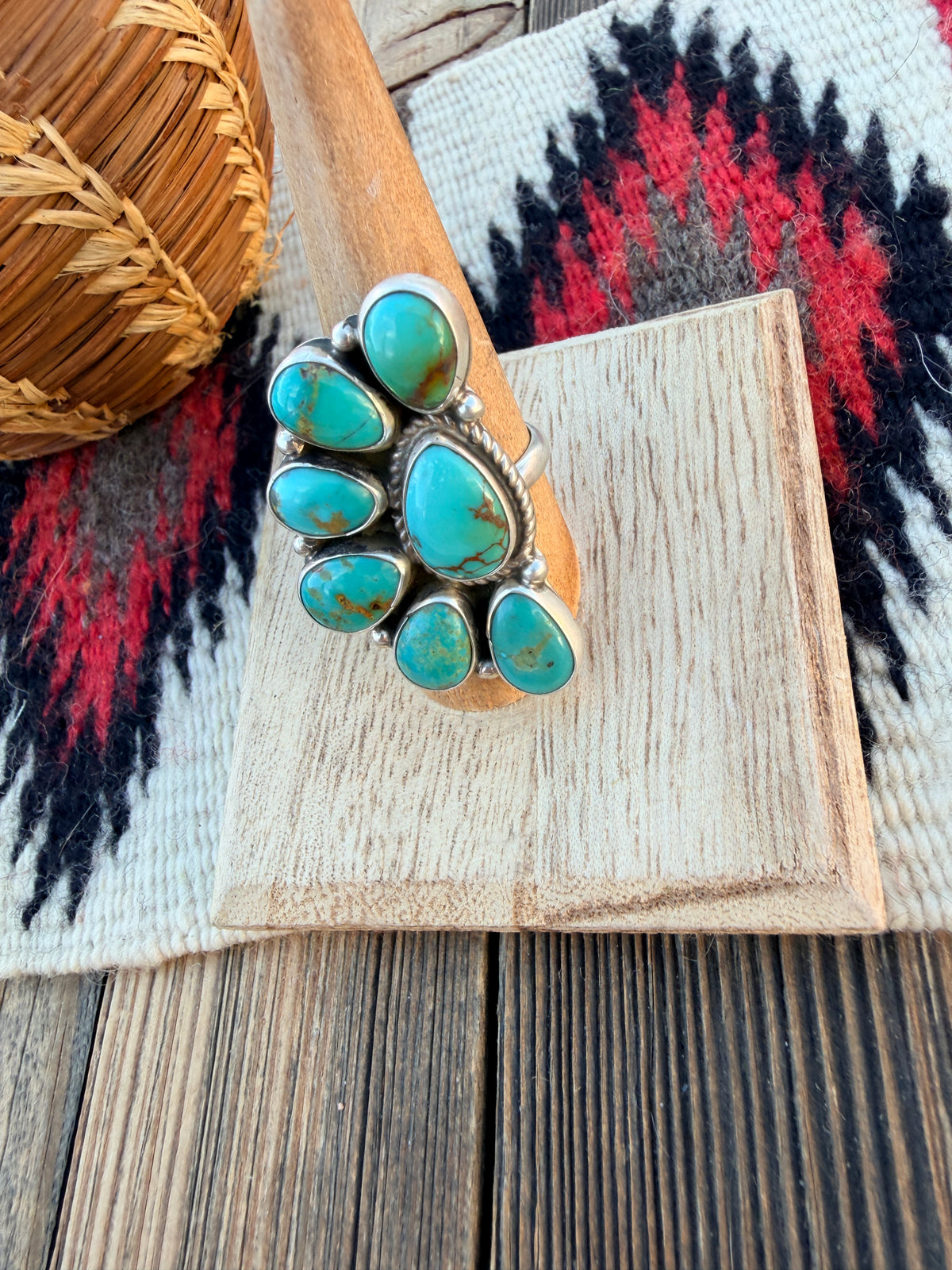 Handcrafted Turquoise & Sterling Silver Cluster Adjustable Ring by Geraldine James