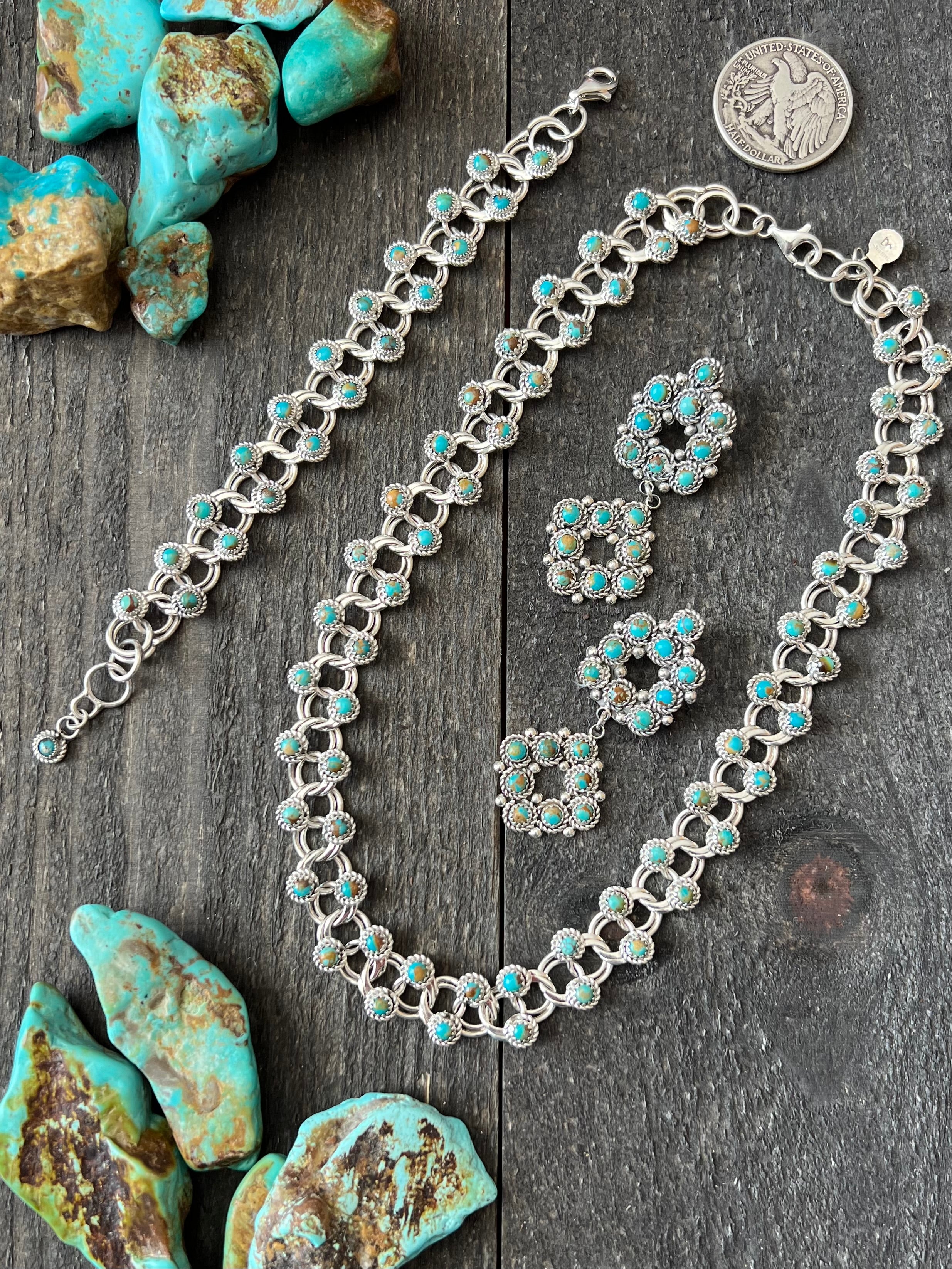 Handcrafted Sterling and Snake Eye Turquoise Link Necklace, Bracelet & Earrings by Dillon Cheama