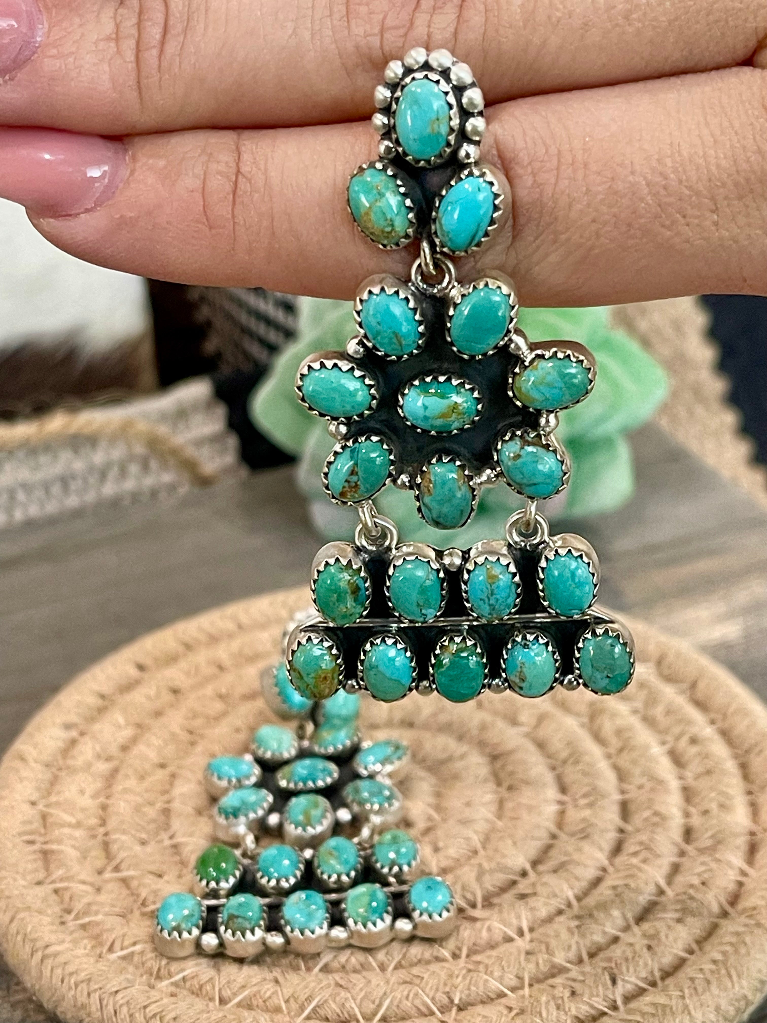 Handmade Turquoise & Sterling Silver Post Dangle Cluster Earrings