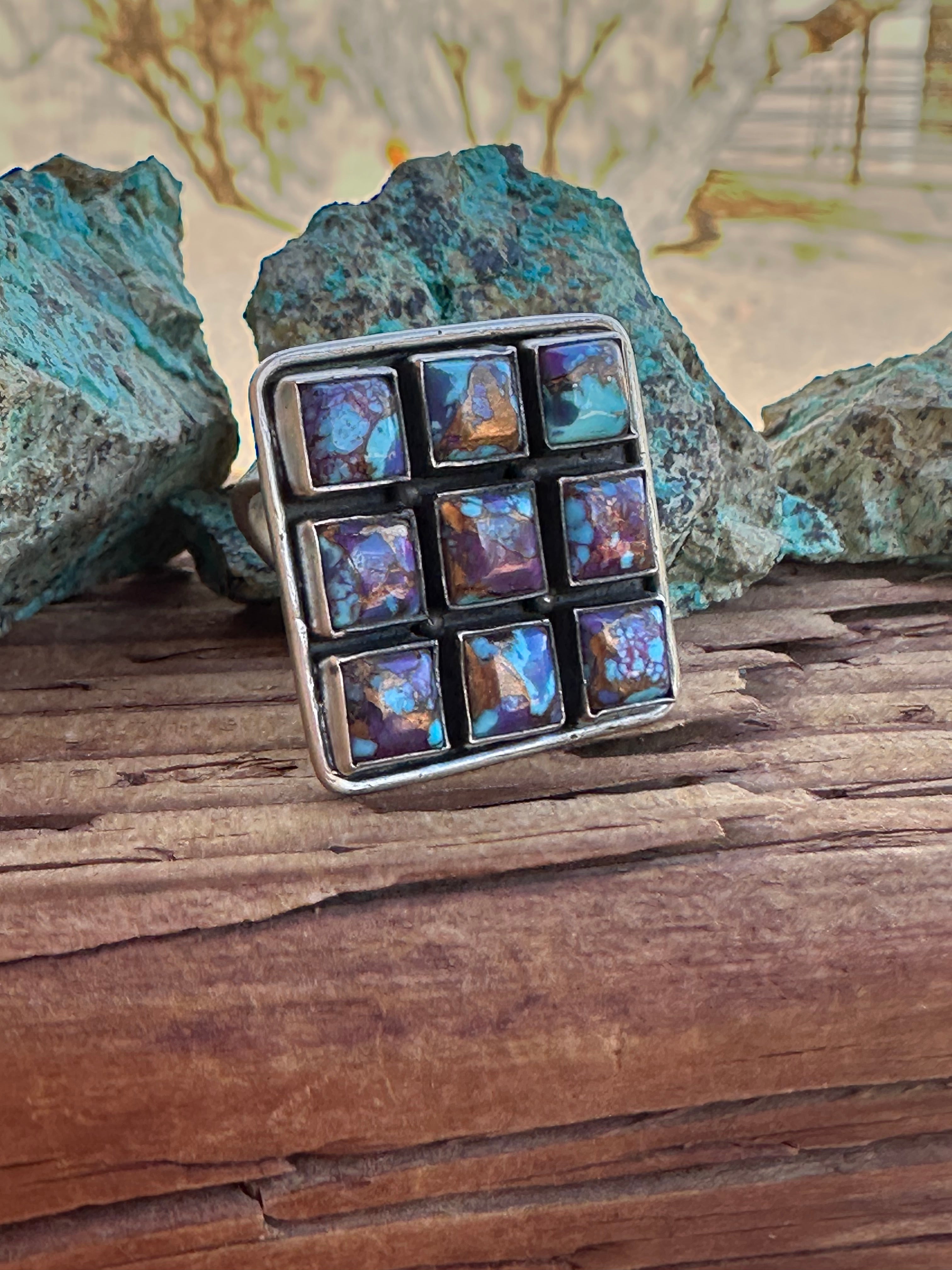 Beautiful Handmade Sterling Silver And Purple Mojave Square Adjustable Ring