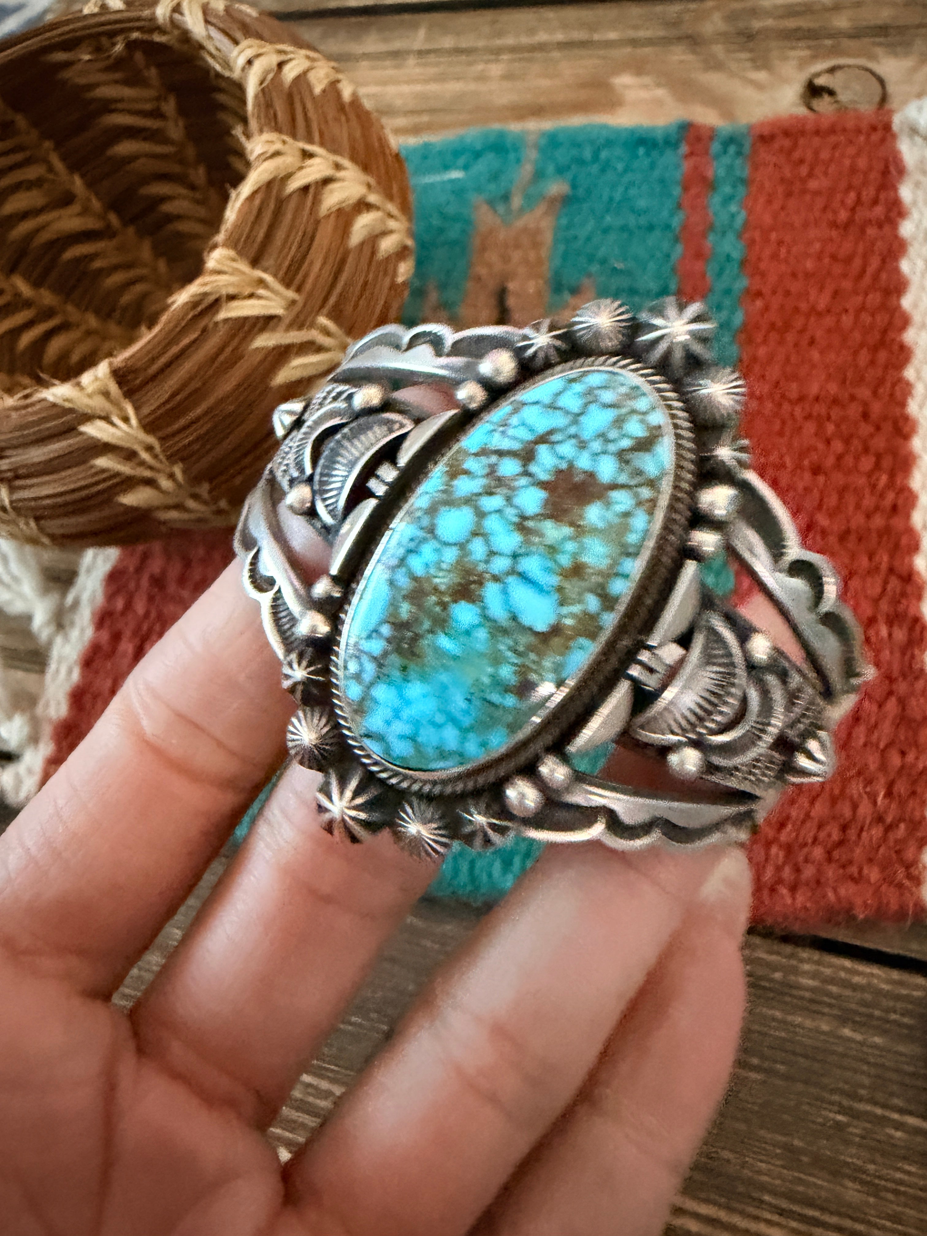Handcrafted Kingman Web Turquoise & Sterling Silver Cuff Bracelet By Aaron Toadlena