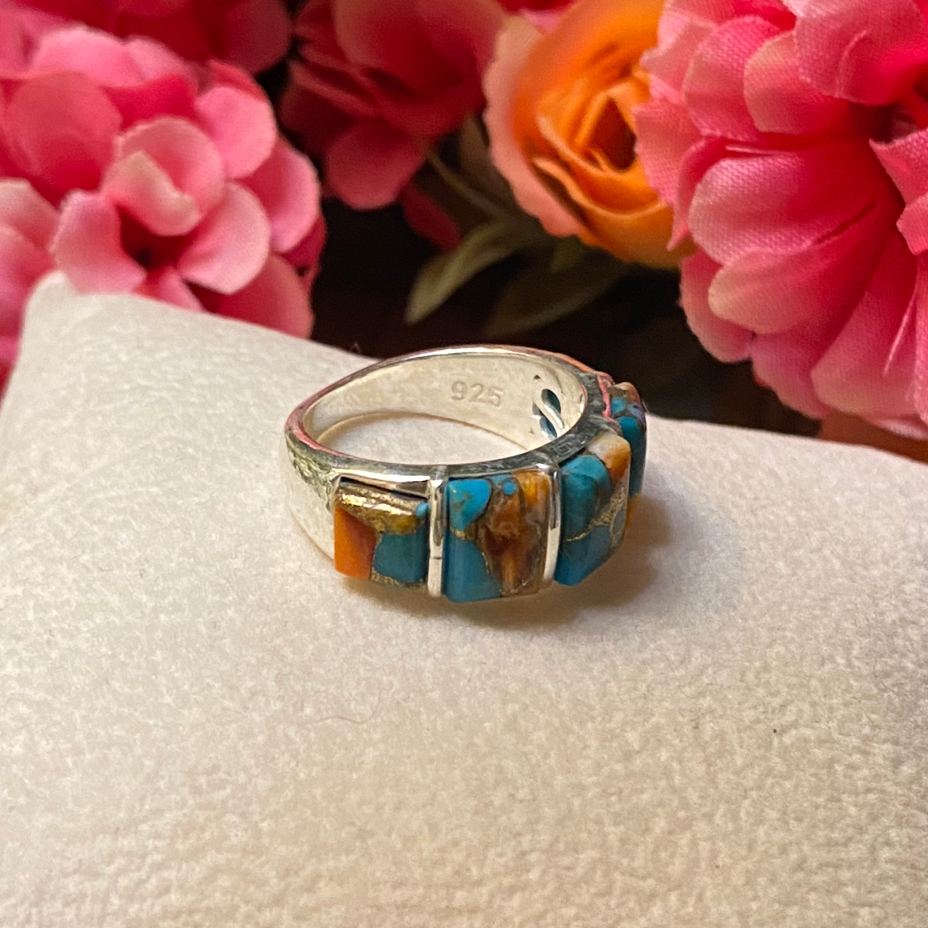 Sterling Silver Five Stone Orange Spiny Turquoise Ring Size 6.5
