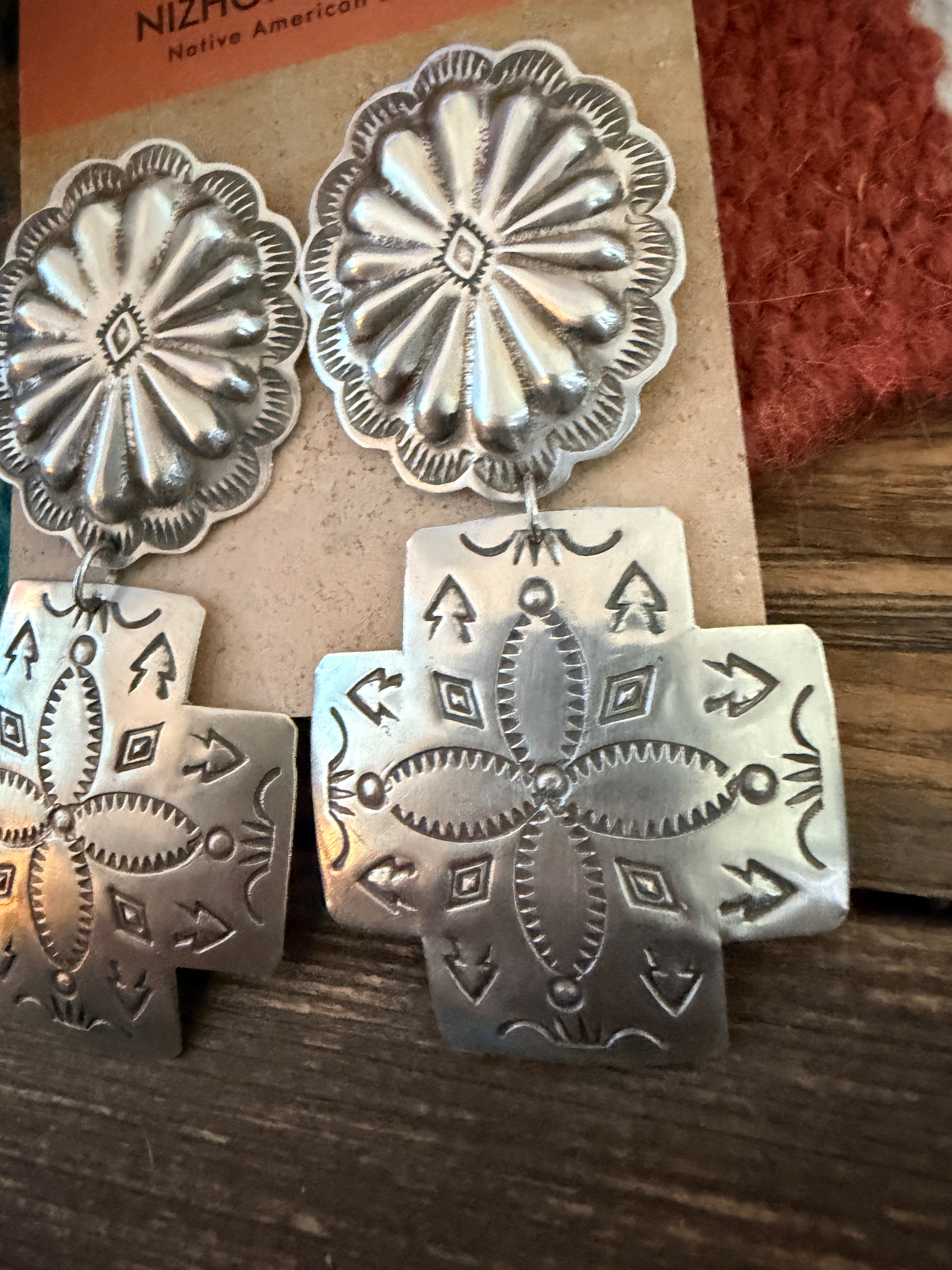 Handcrafted Sterling Silver Concho Cross Dangle Earrings