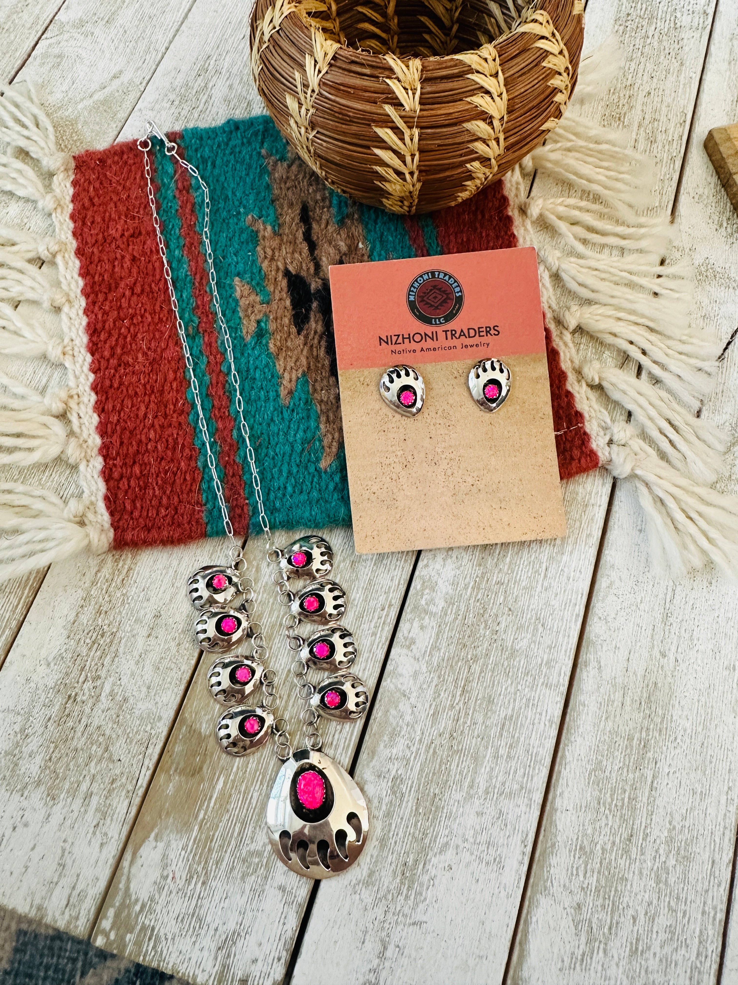 Handcrafted Sterling Silver & Pink Opal Bear Paw Necklace & Earring Set