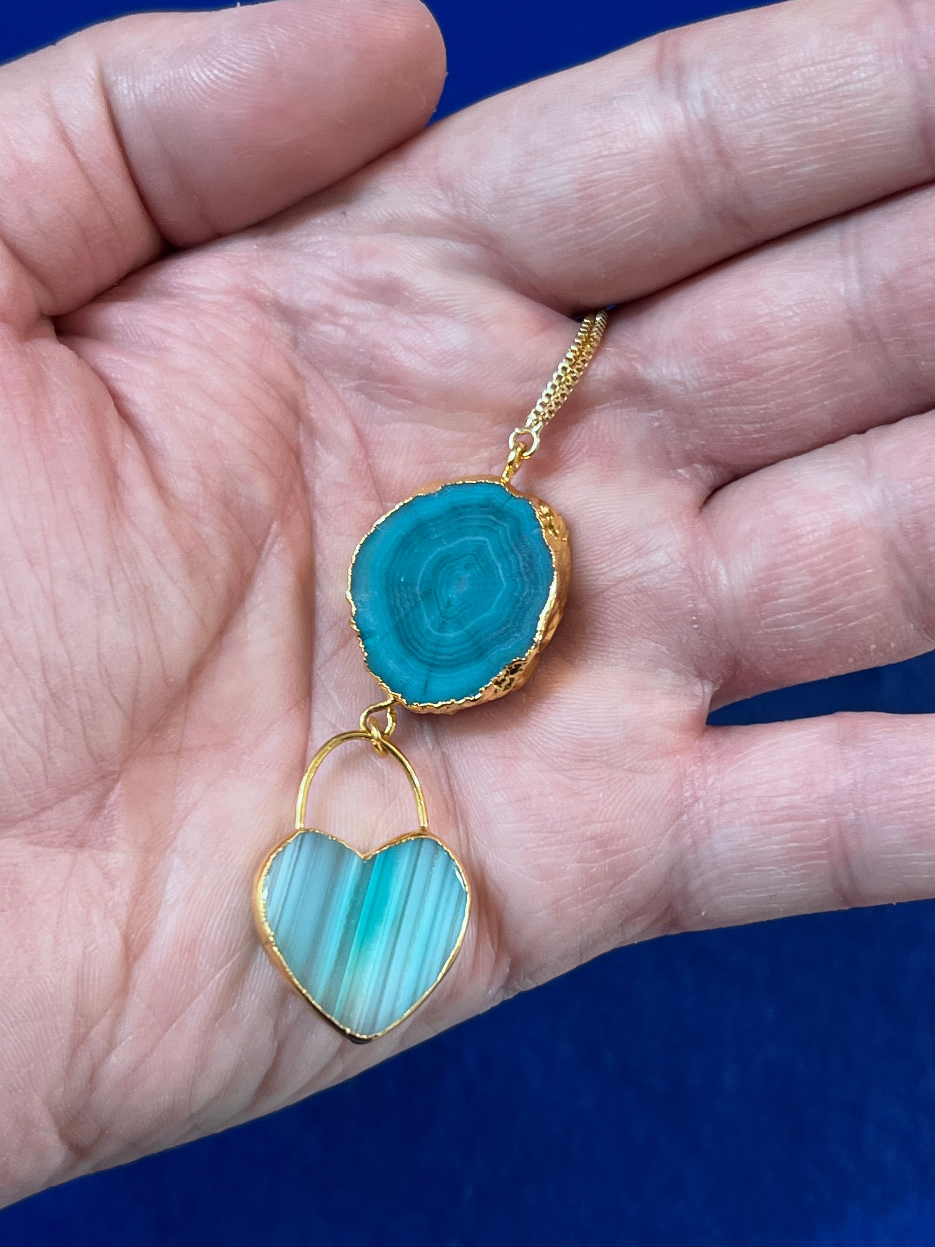 Handmade 14k Gold Druzy Plated Brass Dangle Heart & Blue Geode Adjustable Bracelet