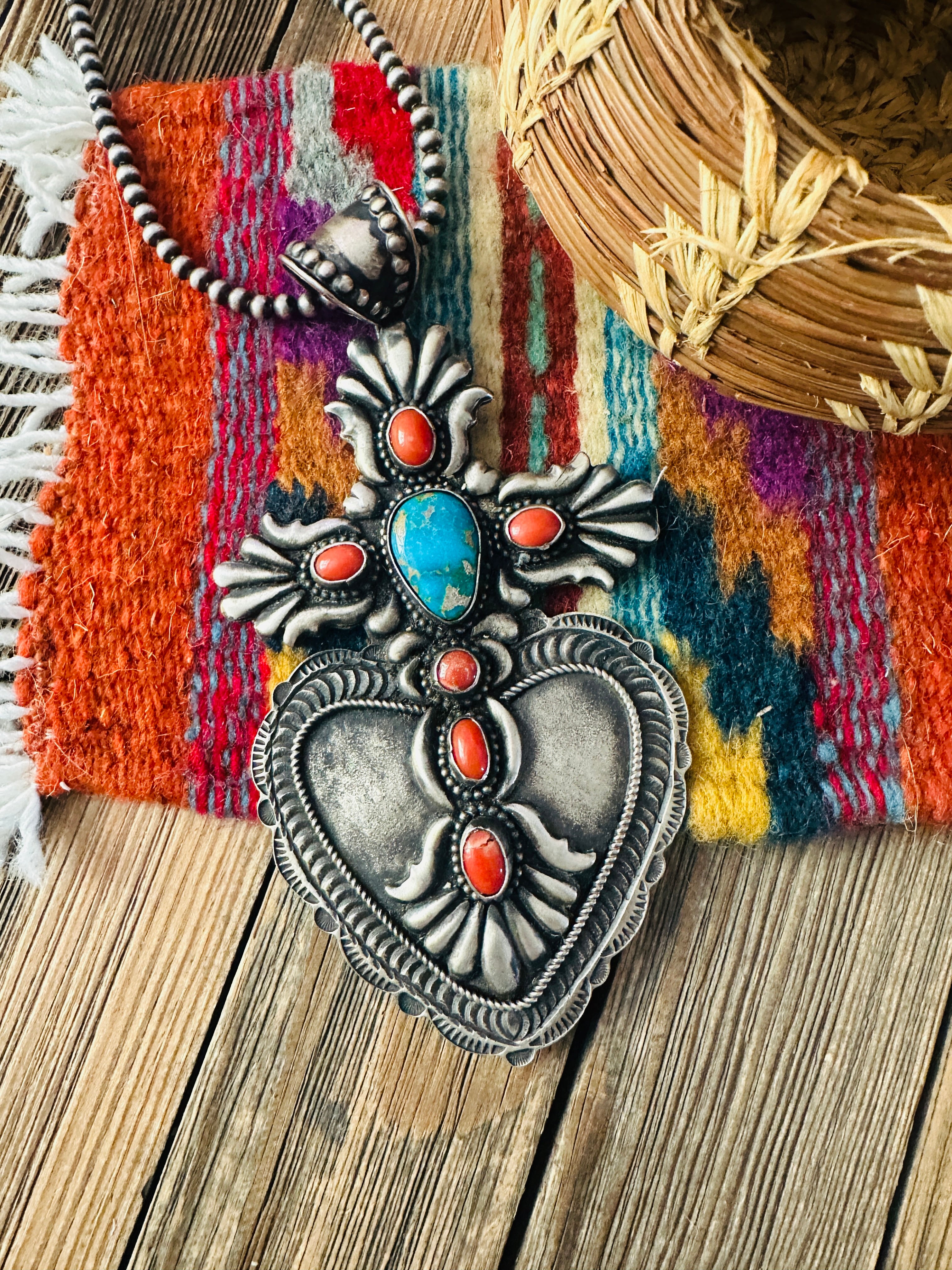 Handcrafted Sterling Silver, Turquoise & Coral Heart Cross Pendant by Shawn Cayatineto