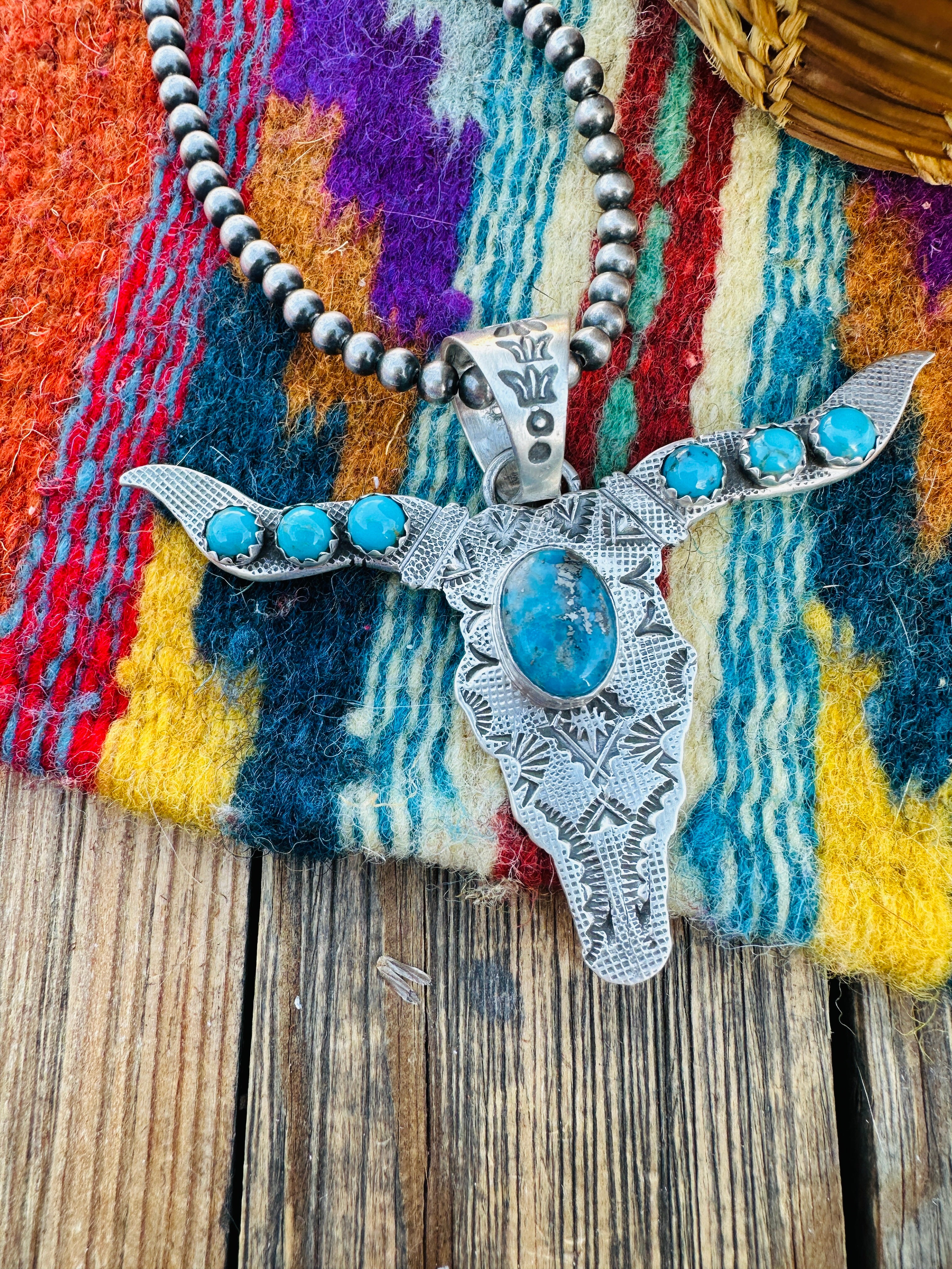 Handcrafted Sterling Silver & Turquoise Bullhead Pendant by Leroy James