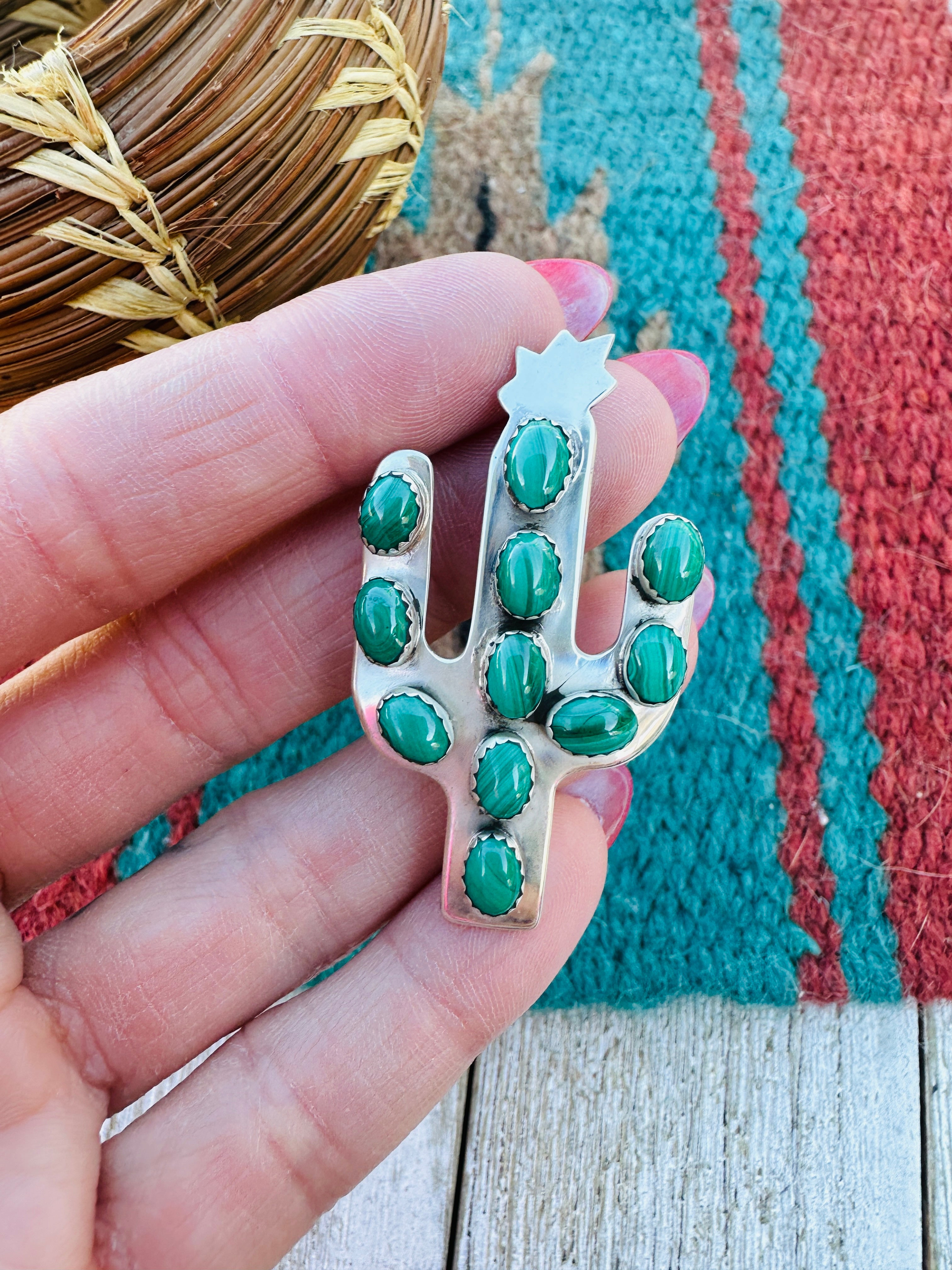 Handcrafted Sterling Silver & Malachite Cactus Brooch by Ella Peter