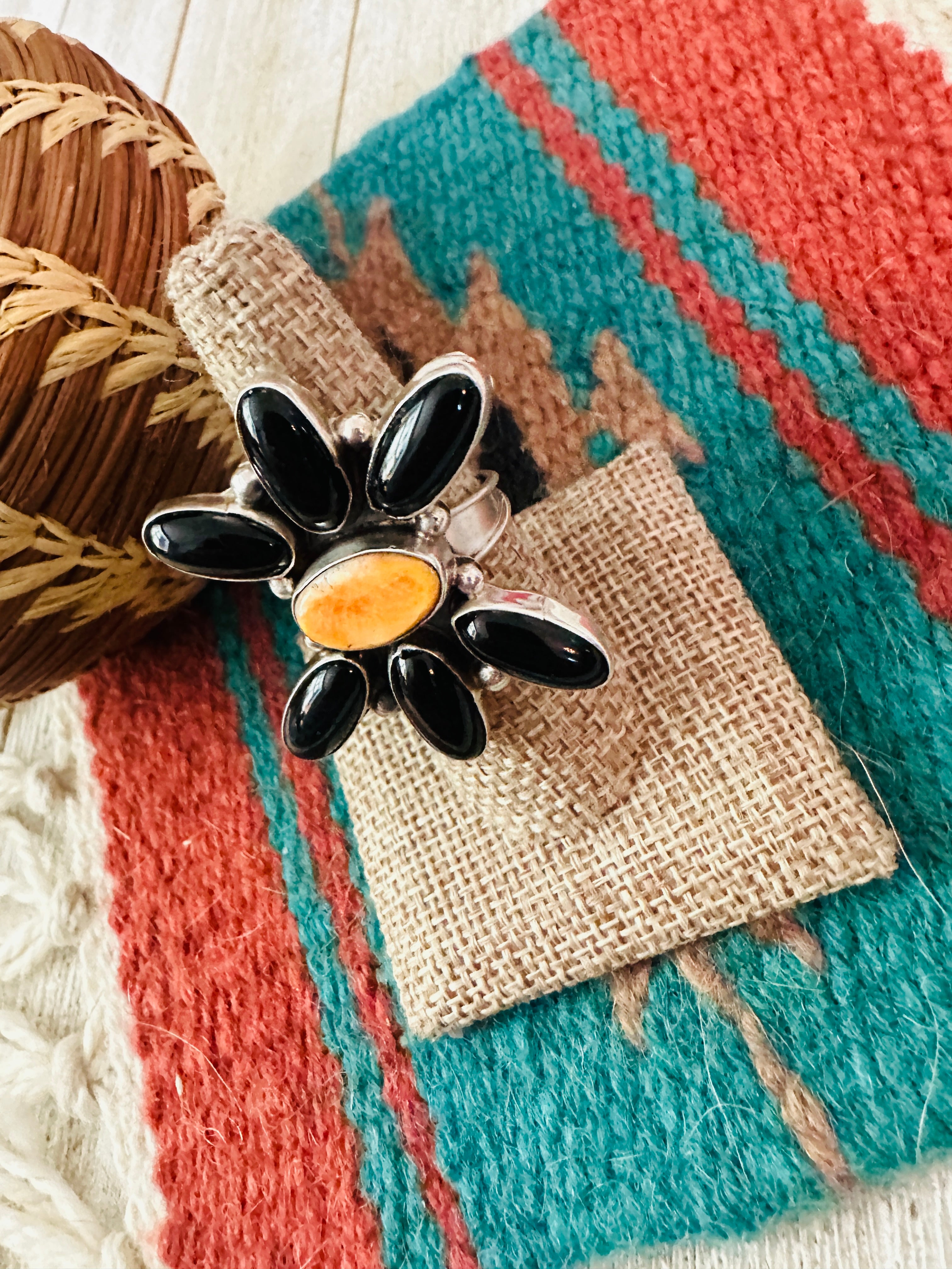 Handcrafted Onyx, Spiny Oyster & Sterling Silver Adjustable Ring by Jacqueline Silver