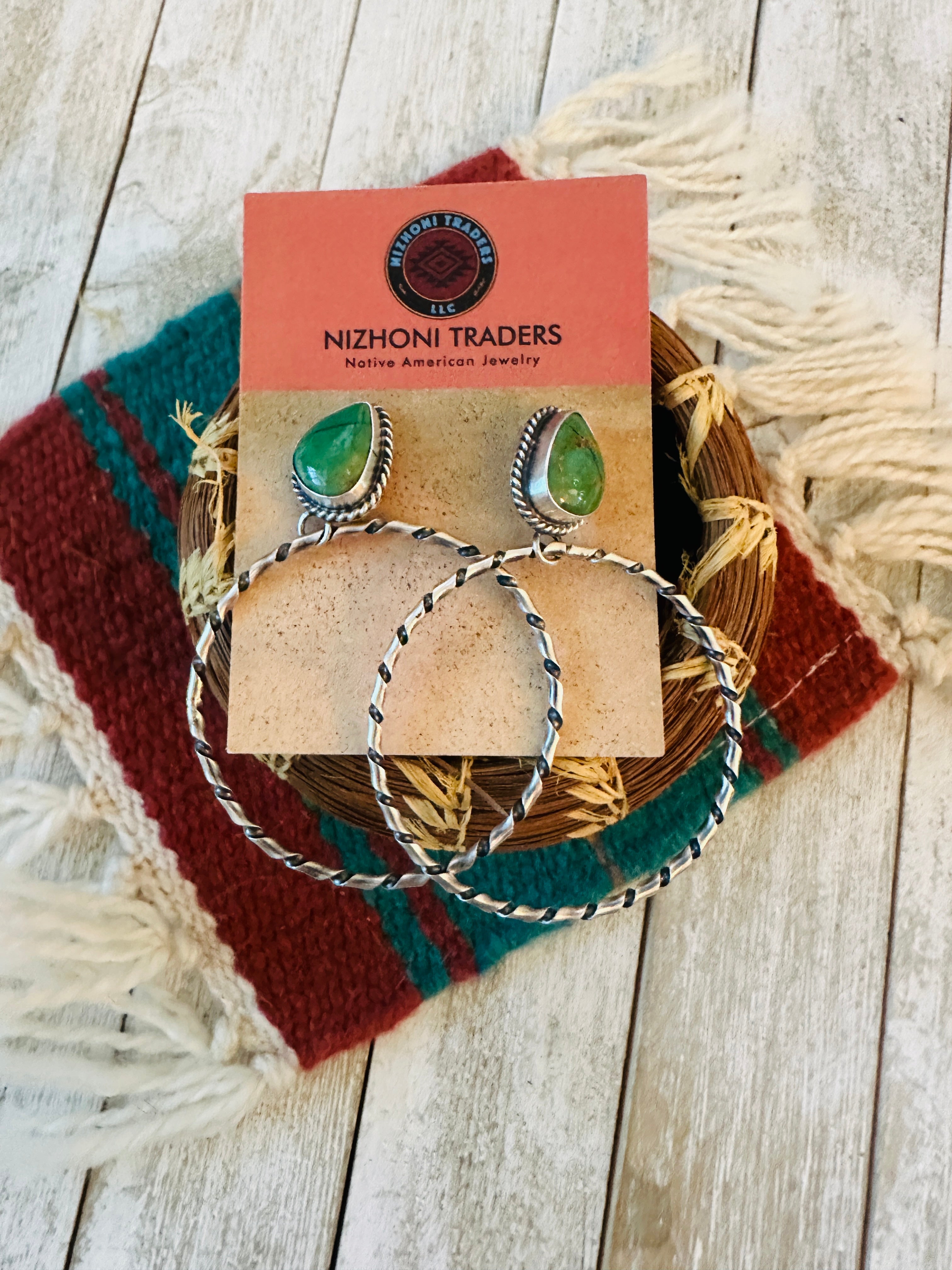 Navajo Turquoise and Sterling Silver Dangle Hoop Earrings