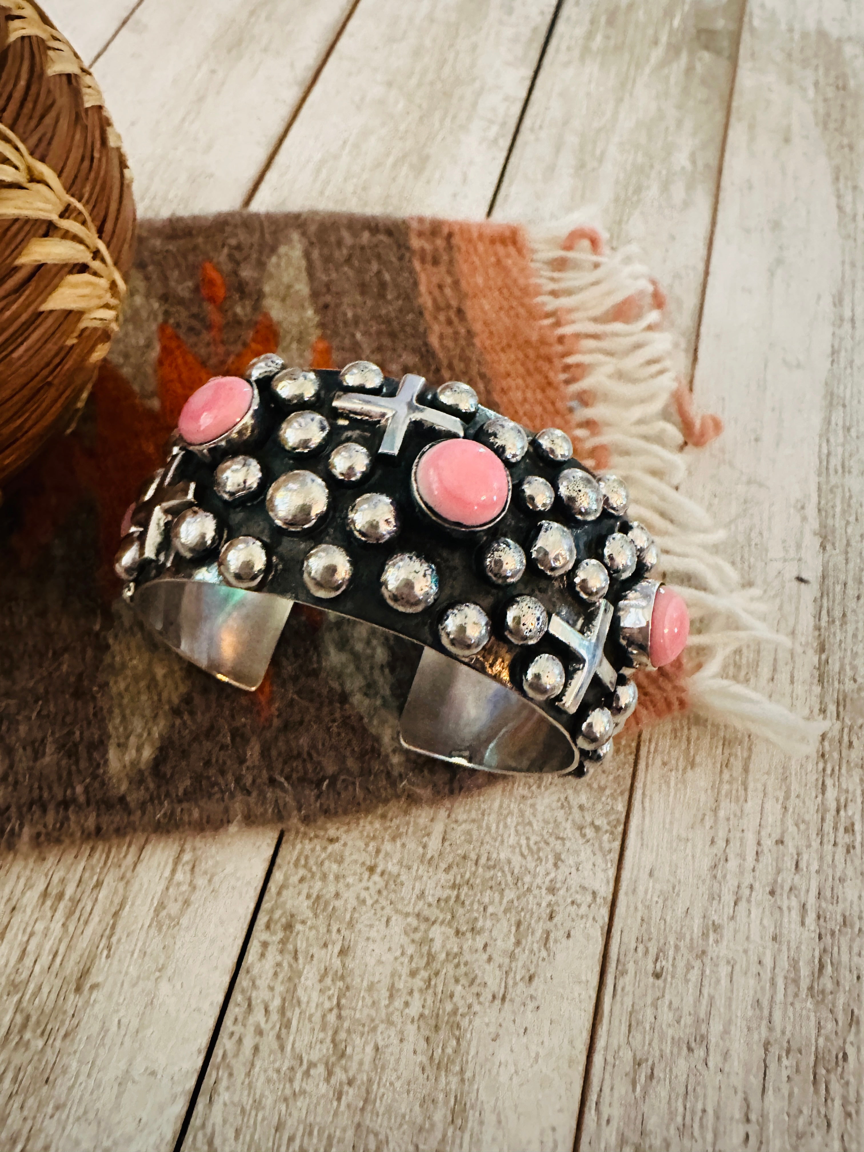 Handcrafted Queen Pink & Sterling Silver Cross Cuff Bracelet By Chimney Butte