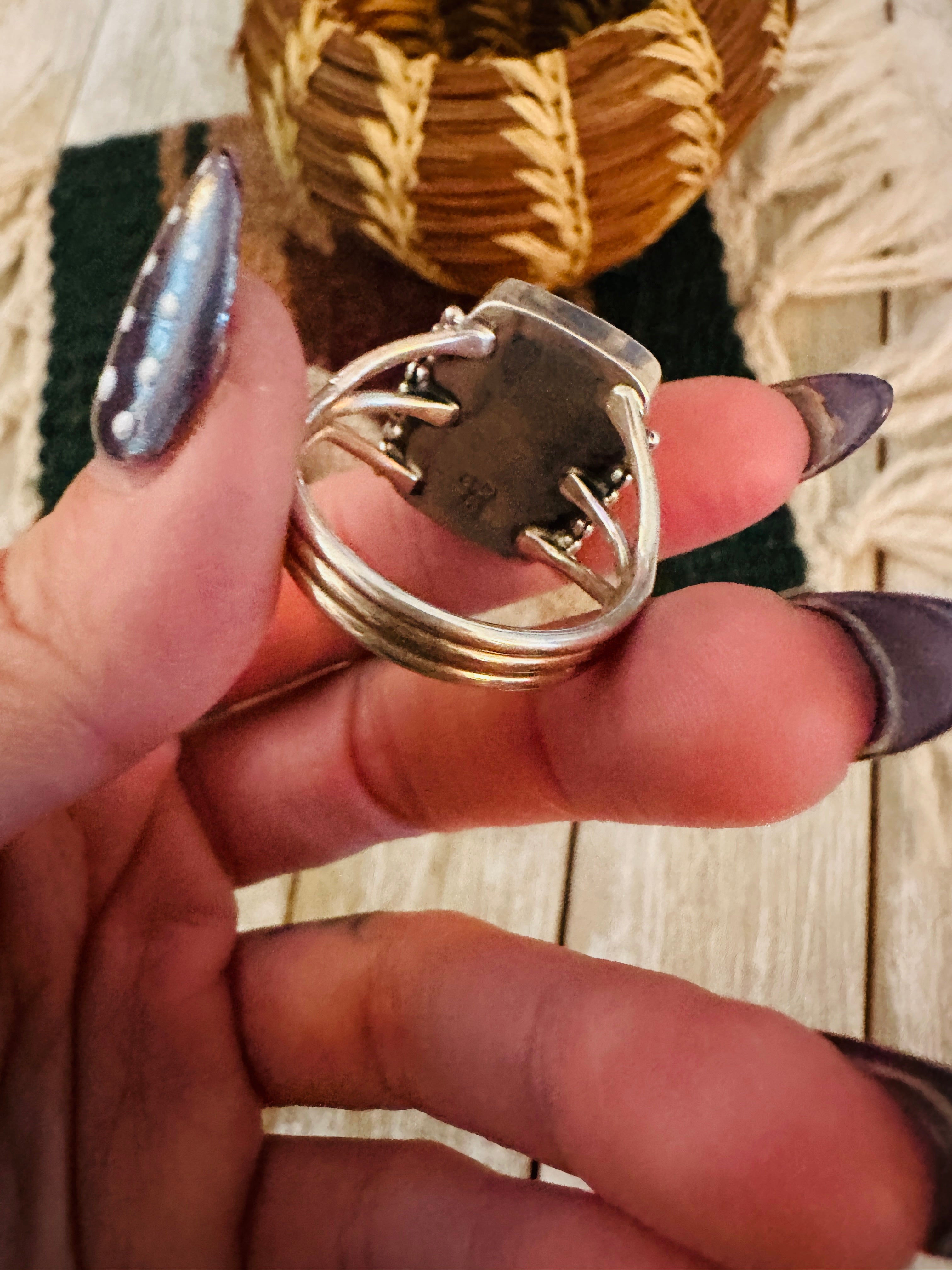 Old Pawn Handcrafted Kingman Turquoise & Sterling Silver Ring Size 12.75