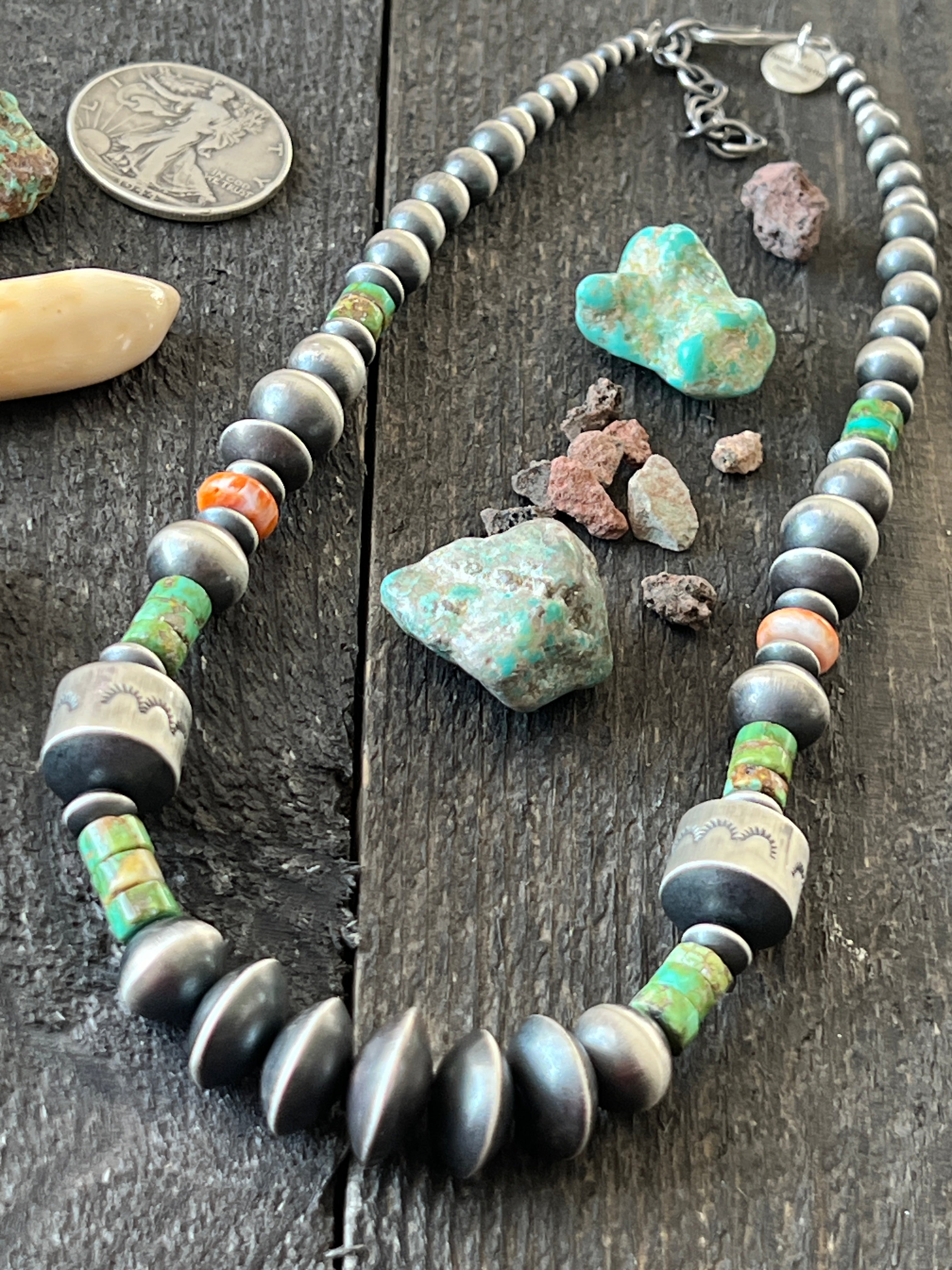 Handcrafted Made Electric Rainbow Sterling Silver, Turquoise and Spiny Oyster Single Strand Beaded Necklace by Rose Martin, X-tra Chunk, 18 + 2 Inches