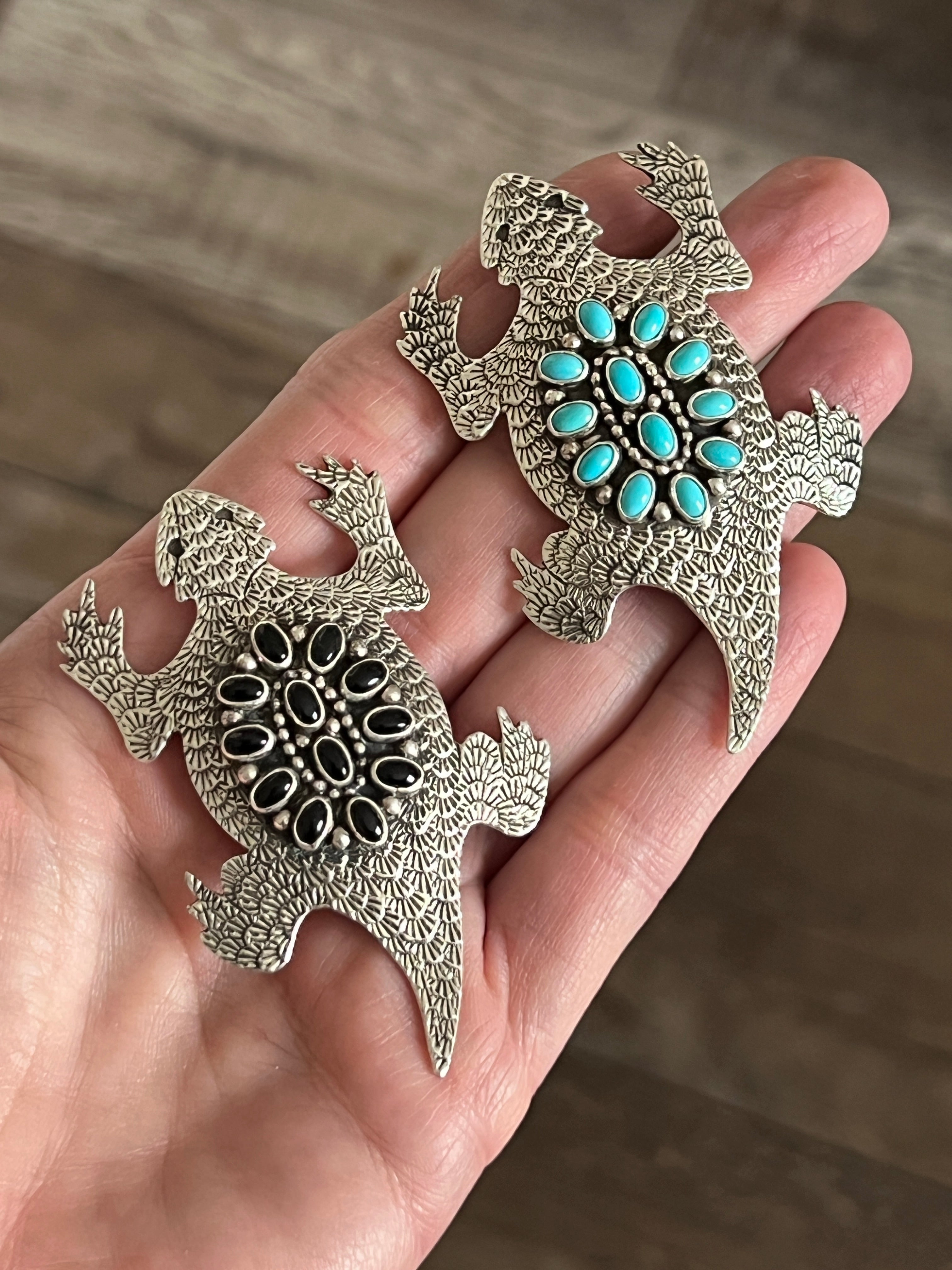 Handcrafted Sterling Silver and Stone Horned Toad Pin and Pendant by Lee Charley, Turquoise or Onyx