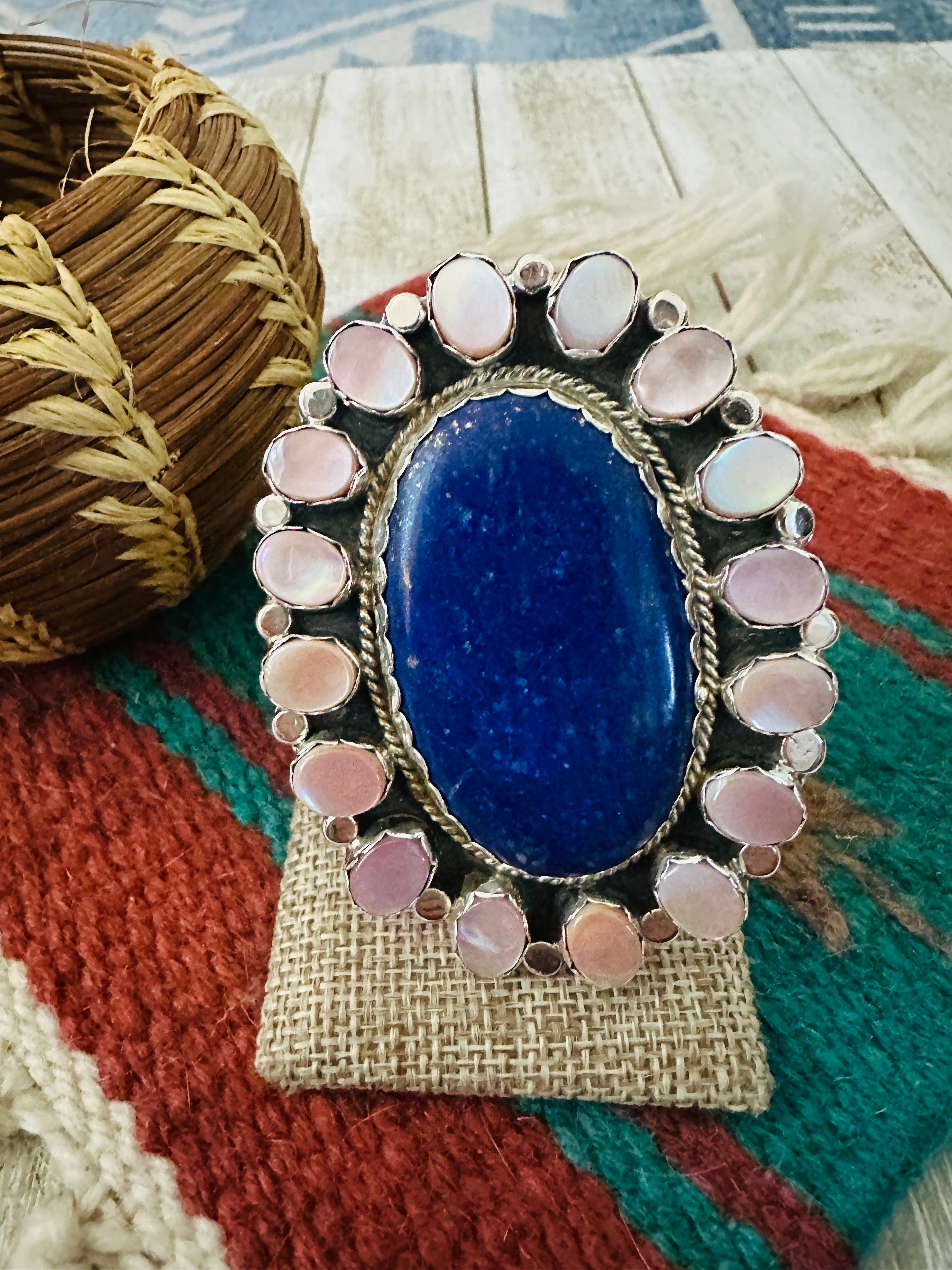 Handcrafted Lapis, Mother of Pearl Oyster & Sterling Silver Cluster Ring Size 9