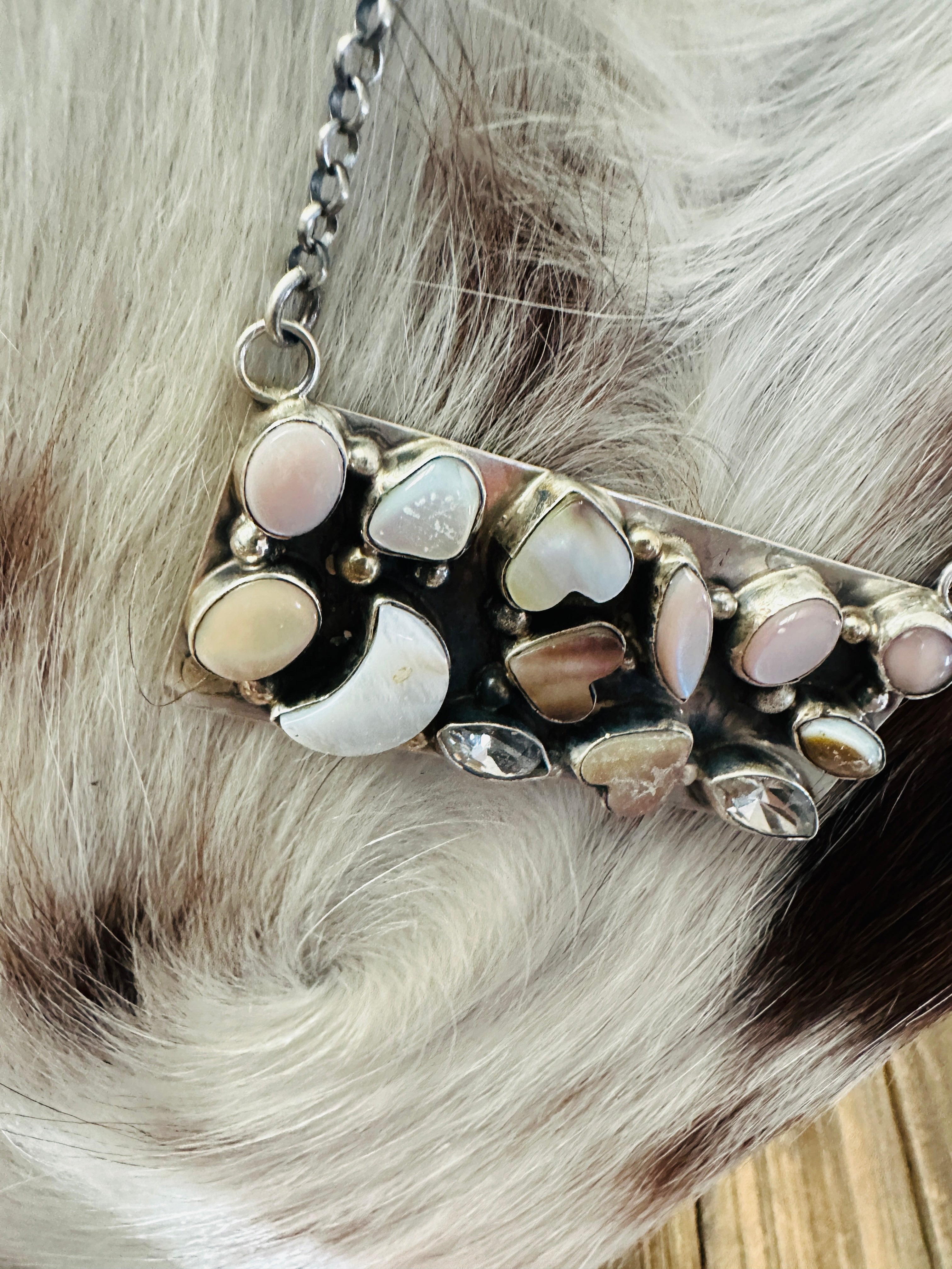 Handcrafted Mother of Pearl, CZ & Sterling Silver Bar Necklace by Jacqueline Silver