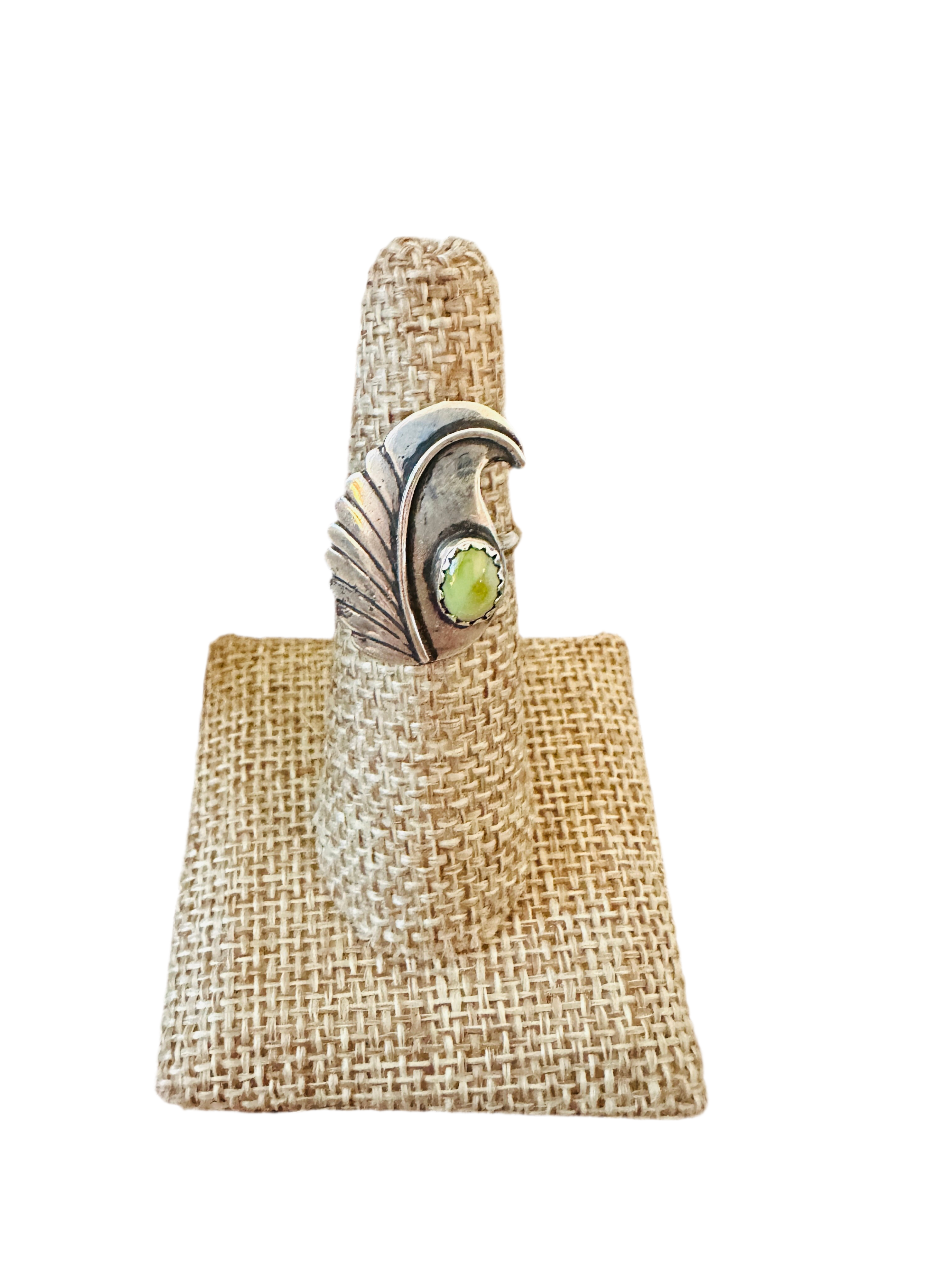 Handcrafted Old Pawn Sterling Silver & Turquoise Feather Ring Size 6.25