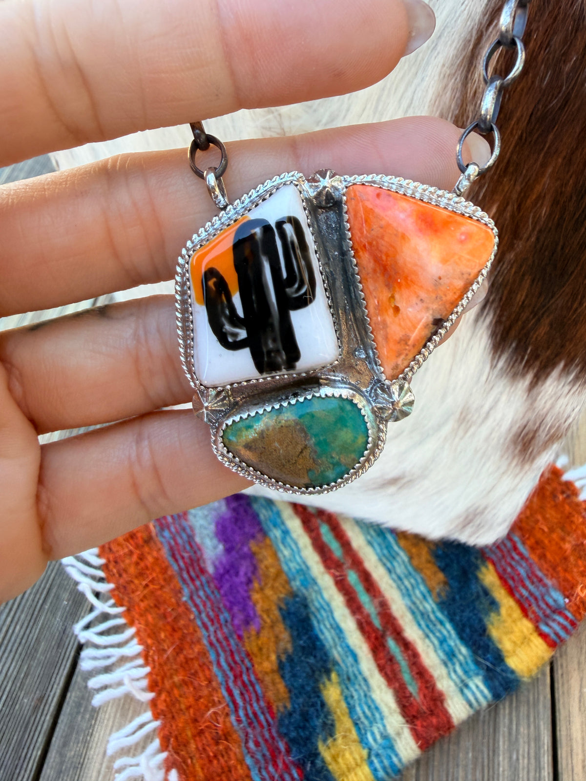 Handmade Sterling Silver & Multi Stone Painted Cactus Necklace