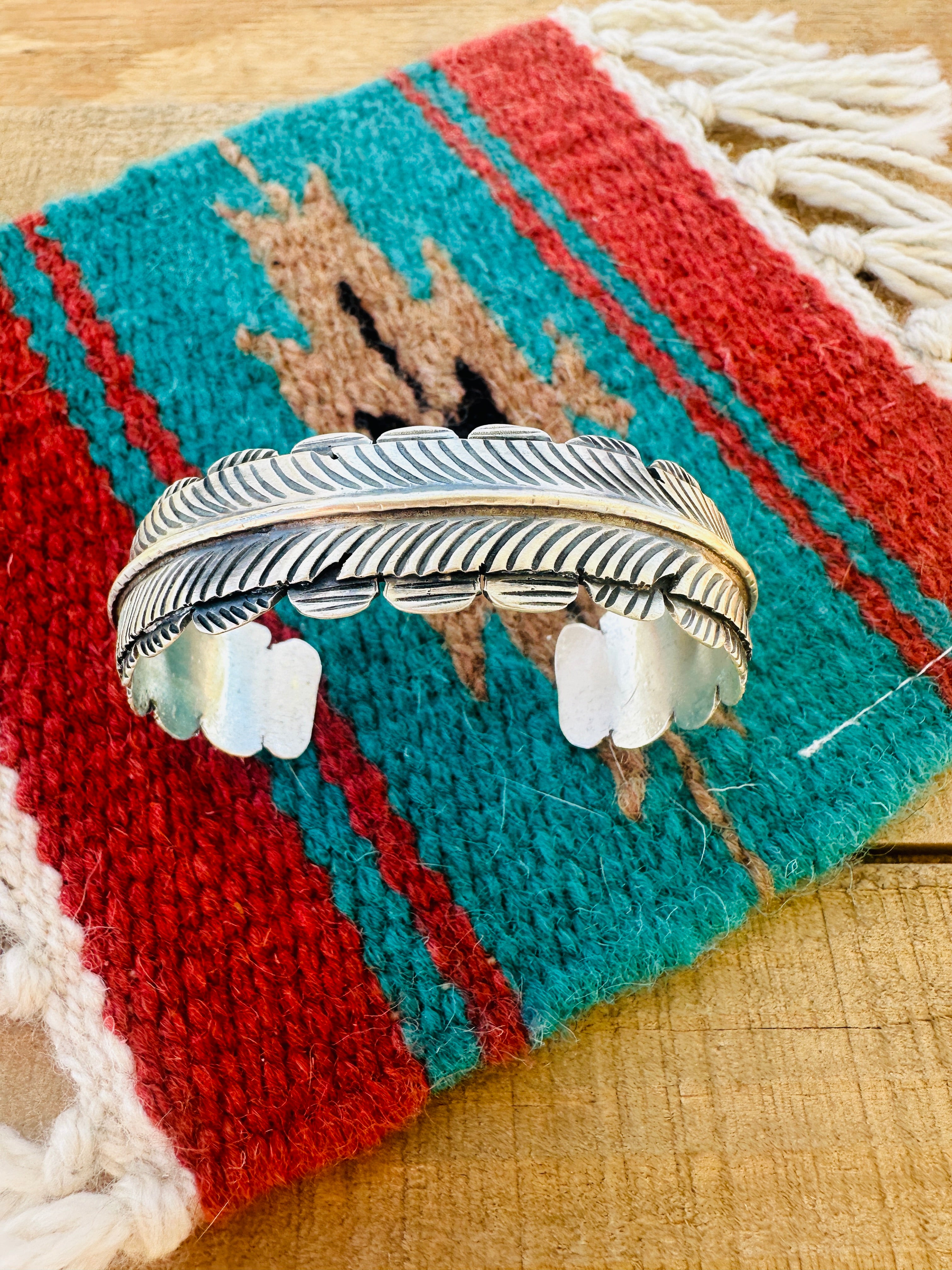 Handcrafted Hand Stamped Sterling Silver Feather Cuff Bracelet