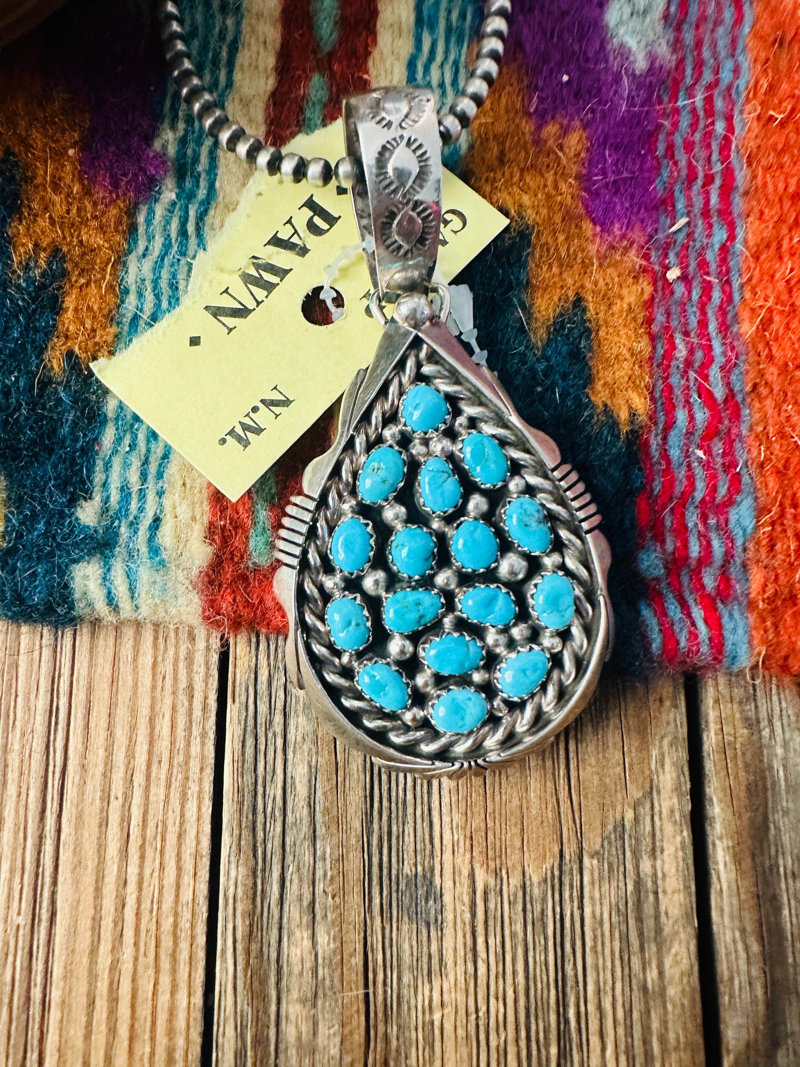 Old Pawn Handcrafted Turquoise and Sterling Silver Cluster Pendant