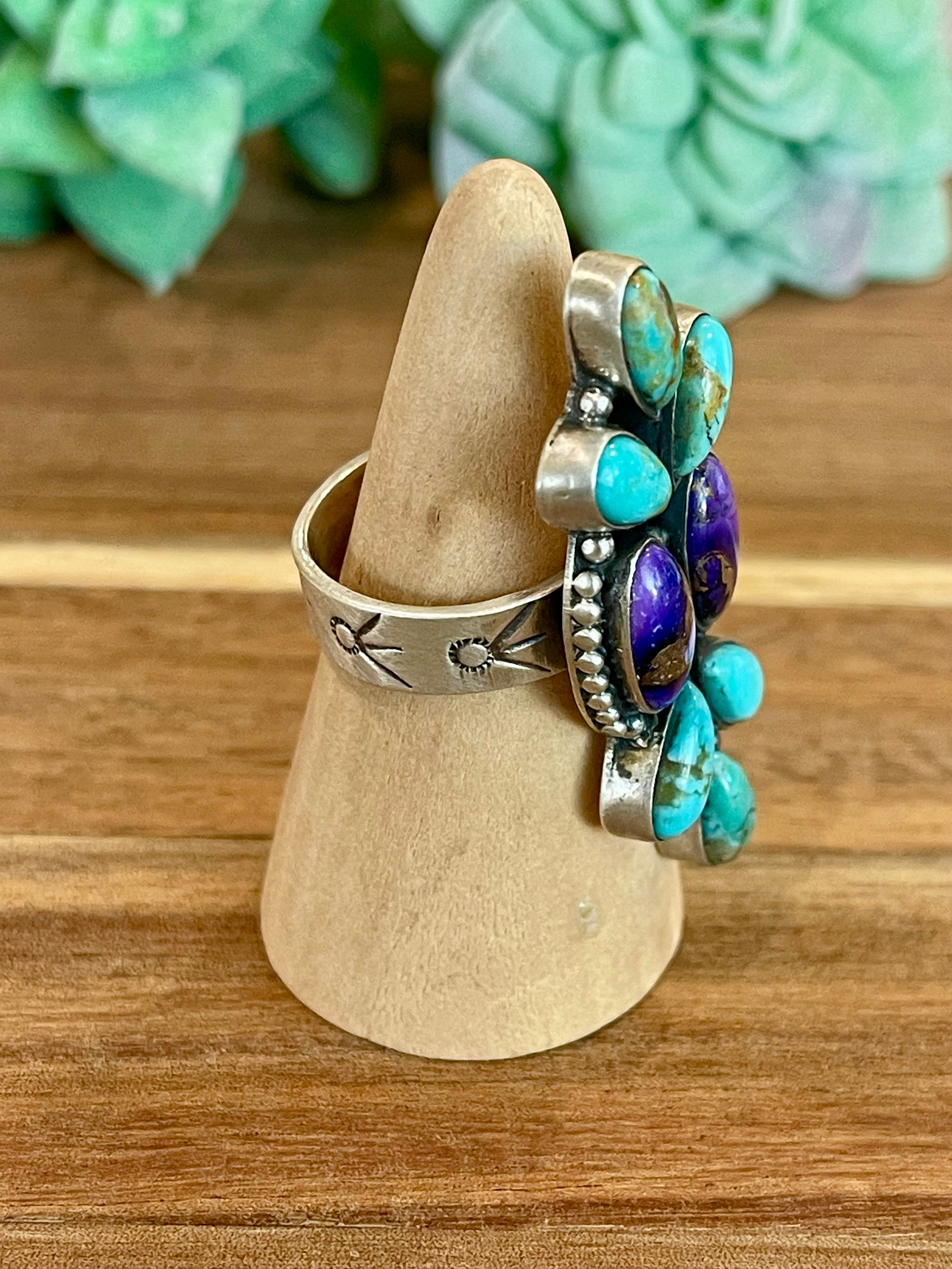 Beautiful Handmade Turquoise, Violet Frost And Sterling Silver Adjustable Ring