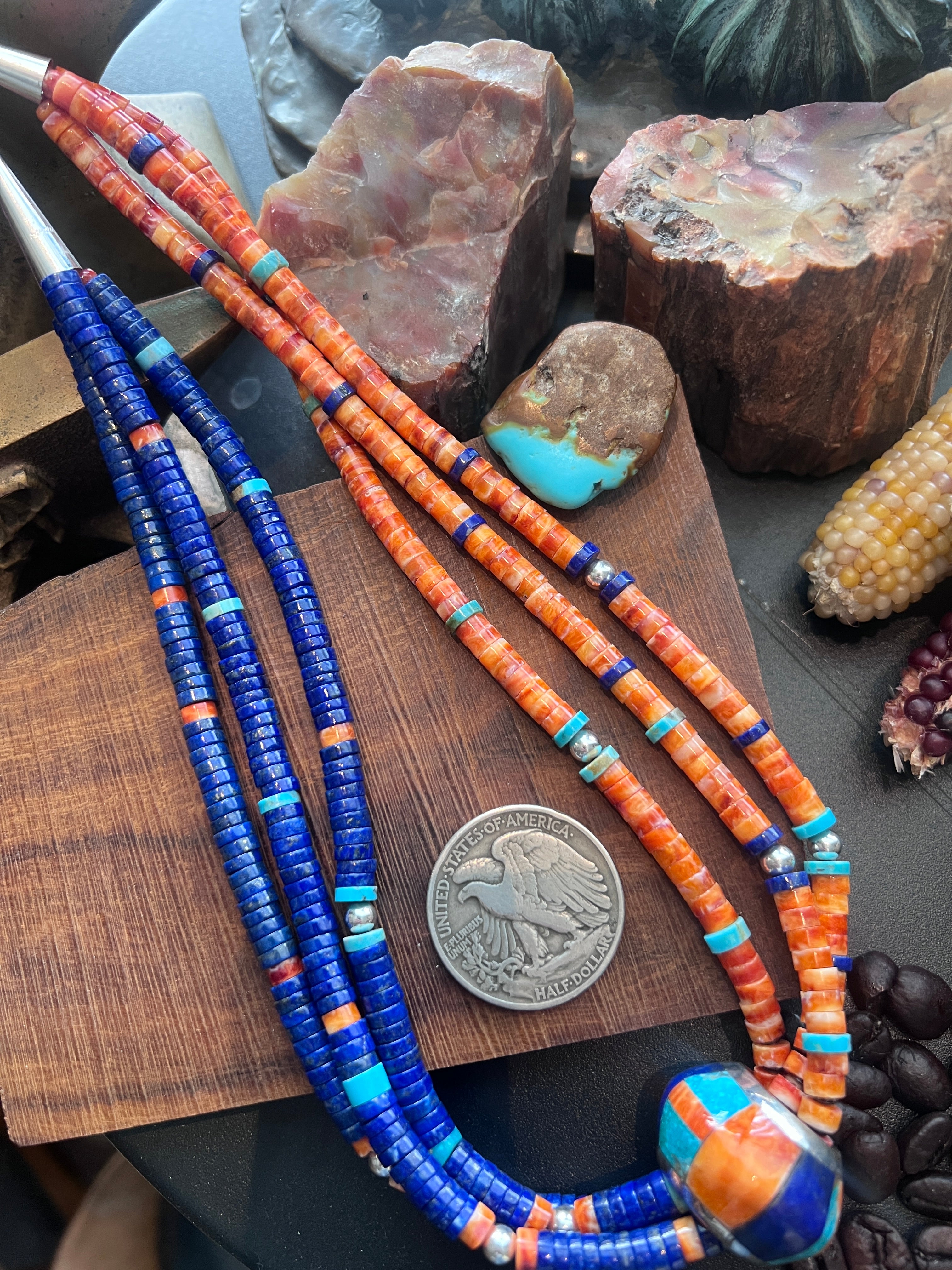 Daniel Coriz Triple Strand Lapis, Spiny Oyster and Turquoise Beaded Necklace w/ Removable Sterling Silver & Stone Inlay Bead