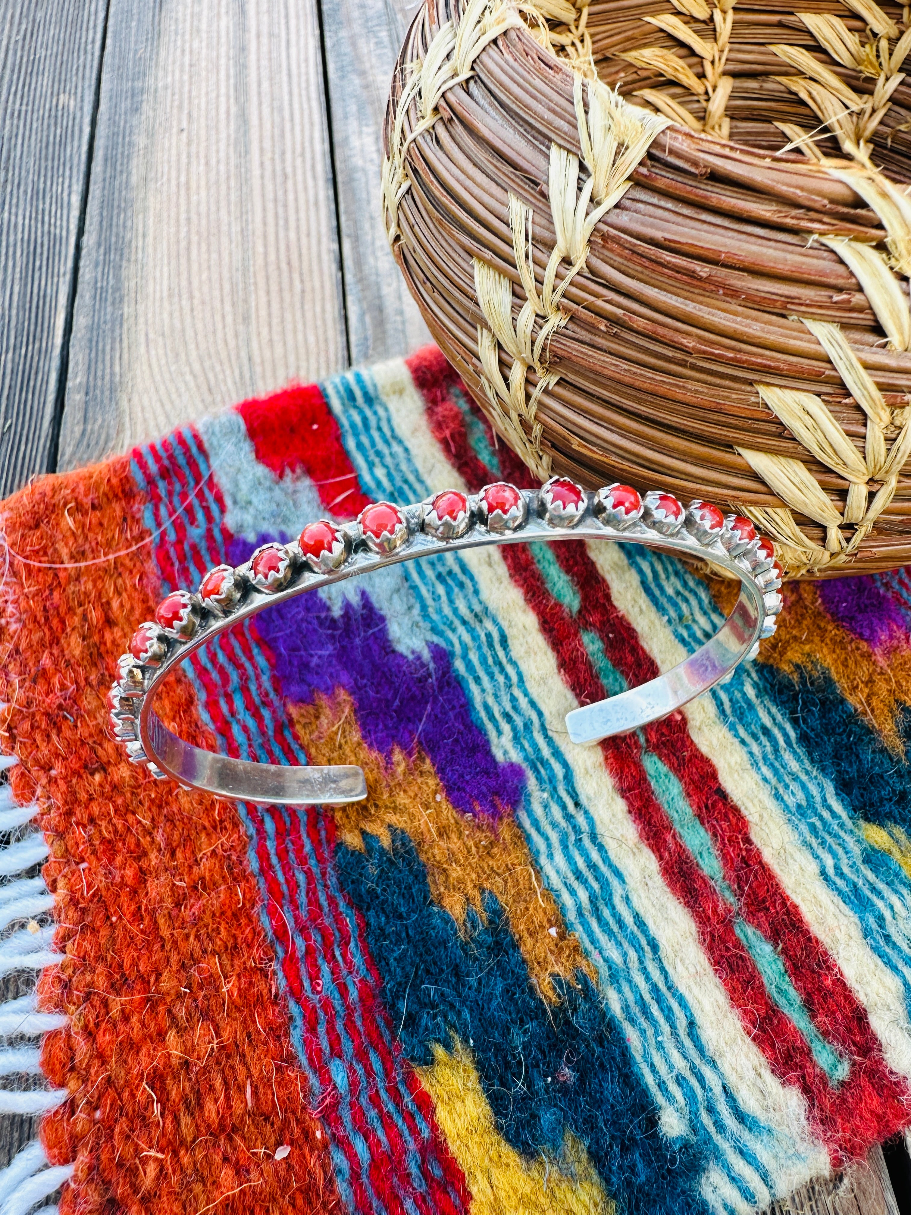 Handcrafted Coral & Sterling Silver Stacker Cuff Bracelet