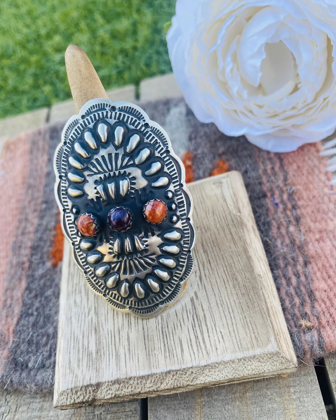 Handcrafted Spiny, Sterling Silver Adjustable Concho Ring by Leander Tahe