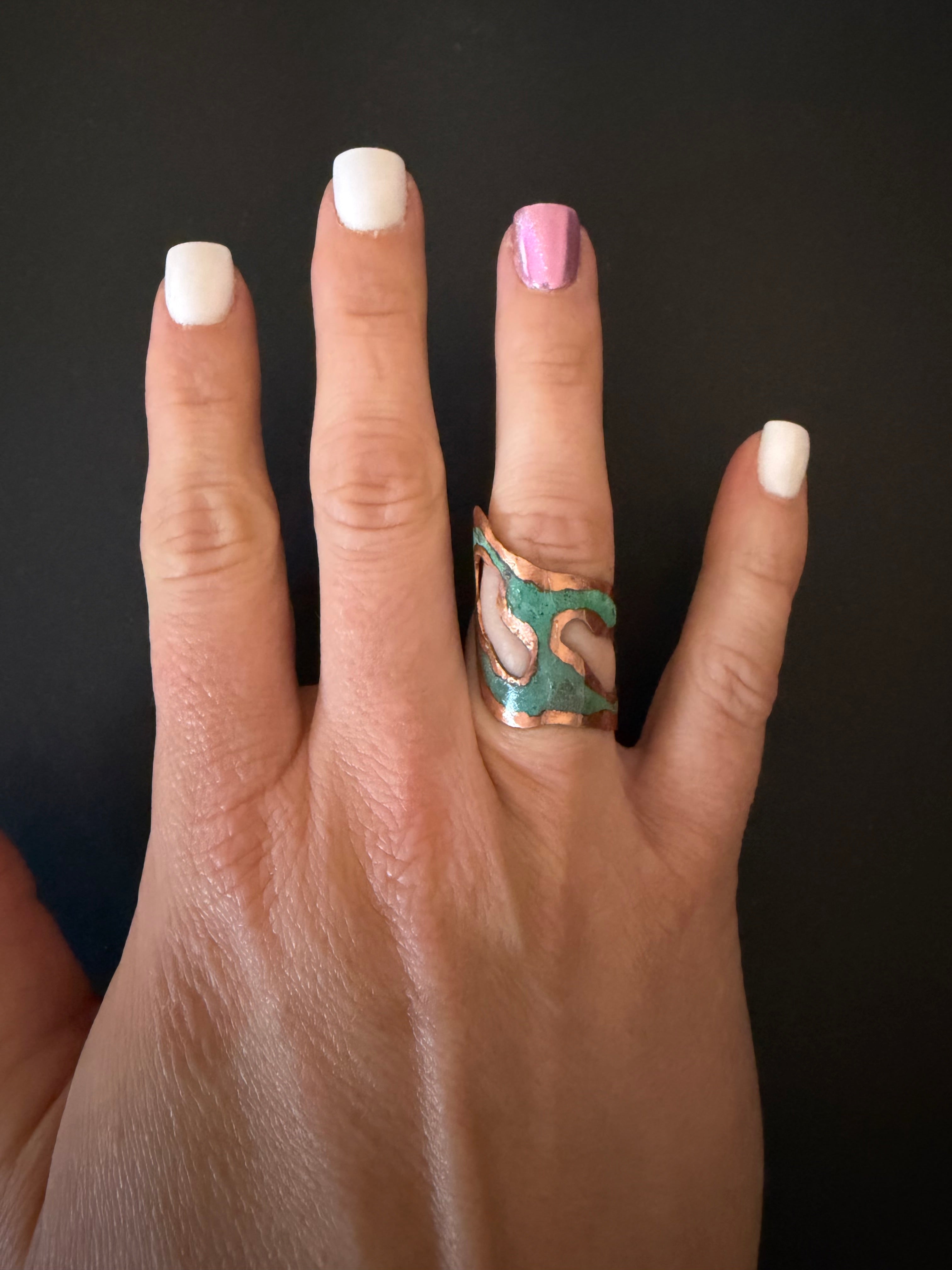 Sterling-Oxidized Lacquer Copper & Turquoise Minimes Ring 6.5