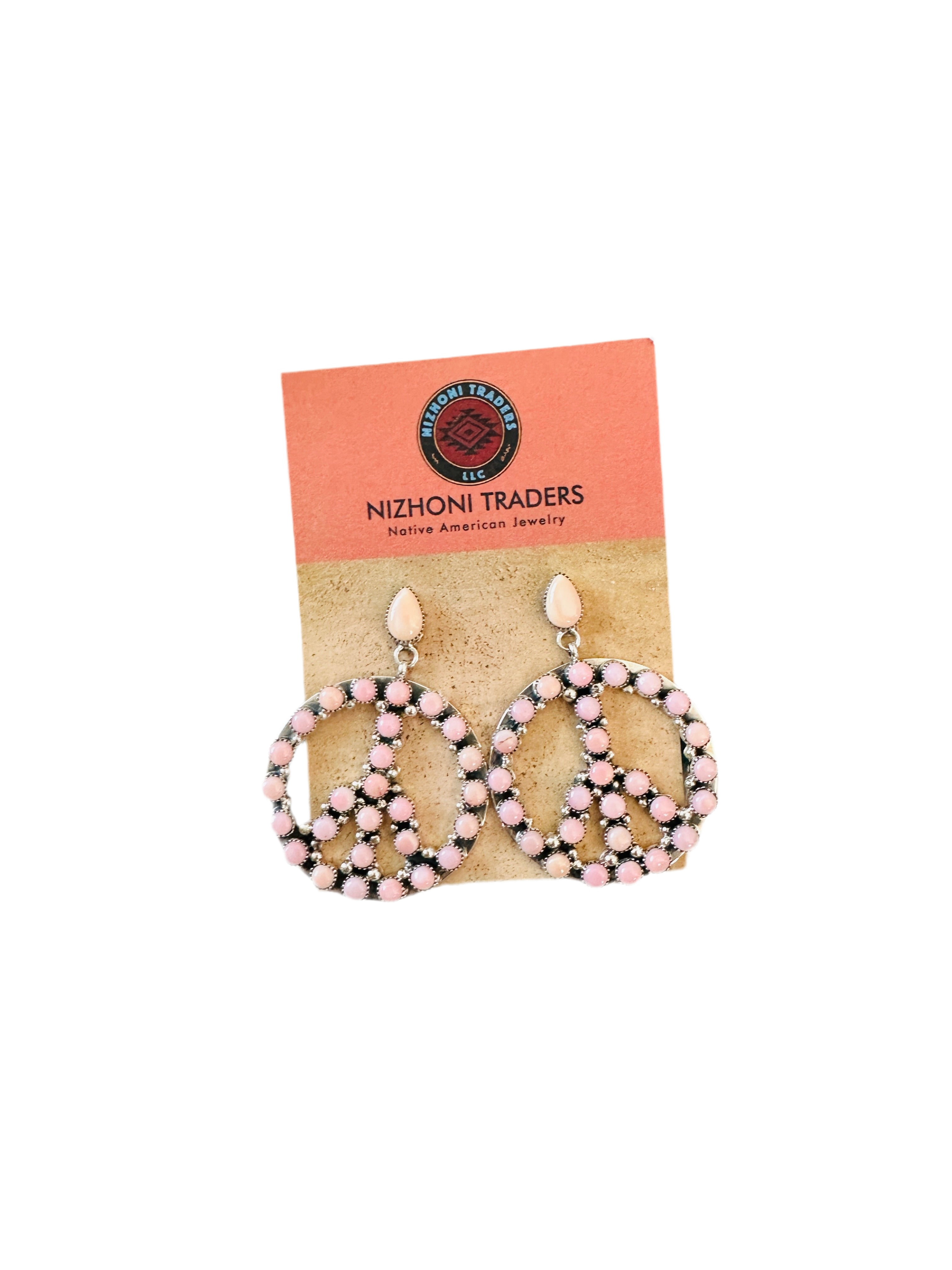 Navajo Queen Pink Conch & Sterling Silver Peace Sign Dangle Earrings