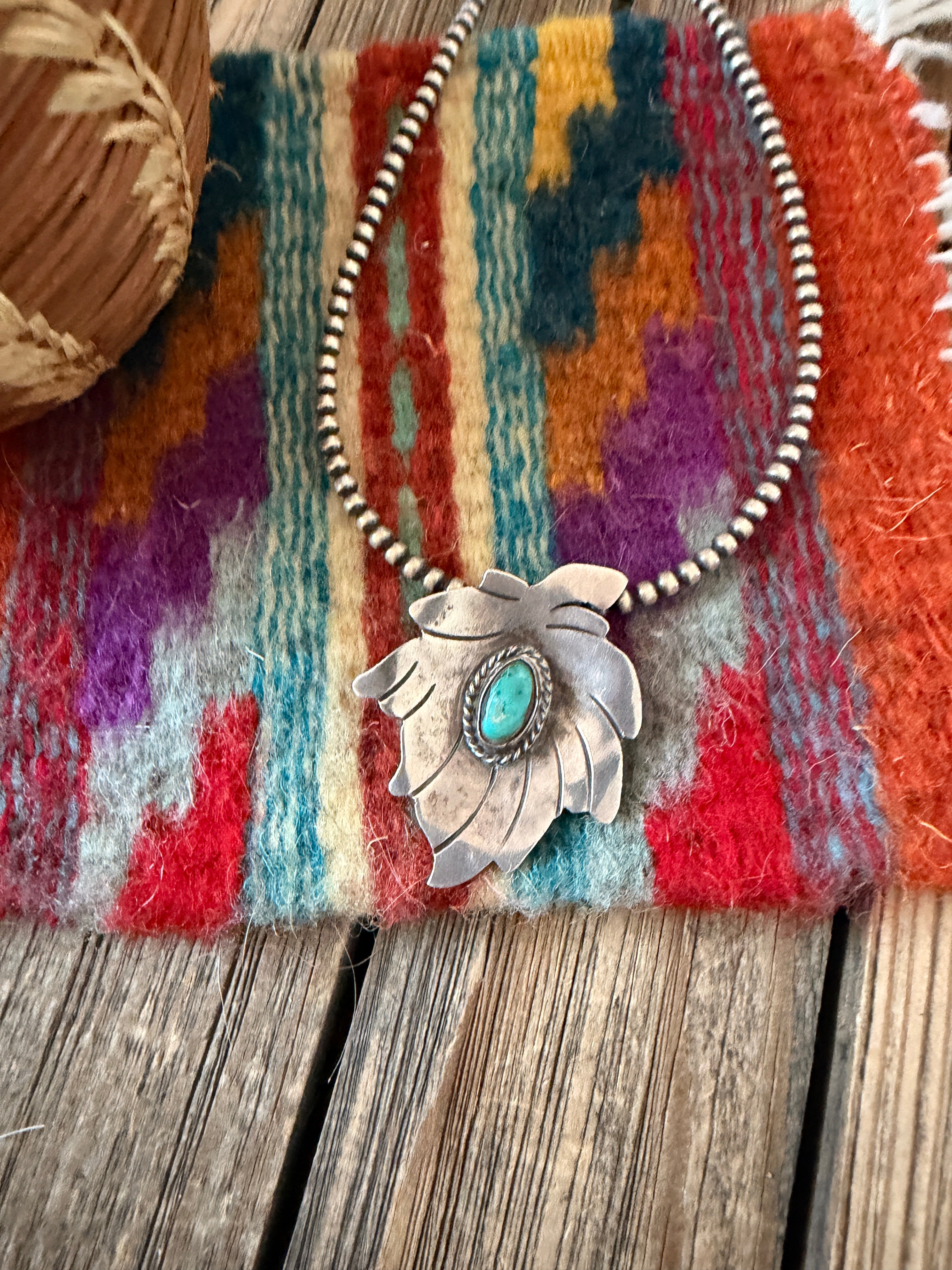 Old Pawn Handcrafted Turquoise and Sterling Silver Leaf Pendant
