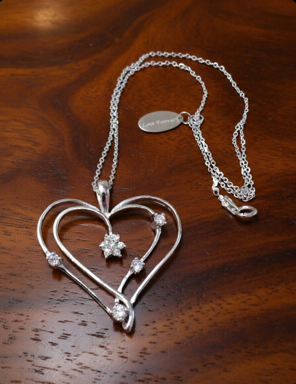 Sterling Silver CZ Double Heart Pendant Necklace