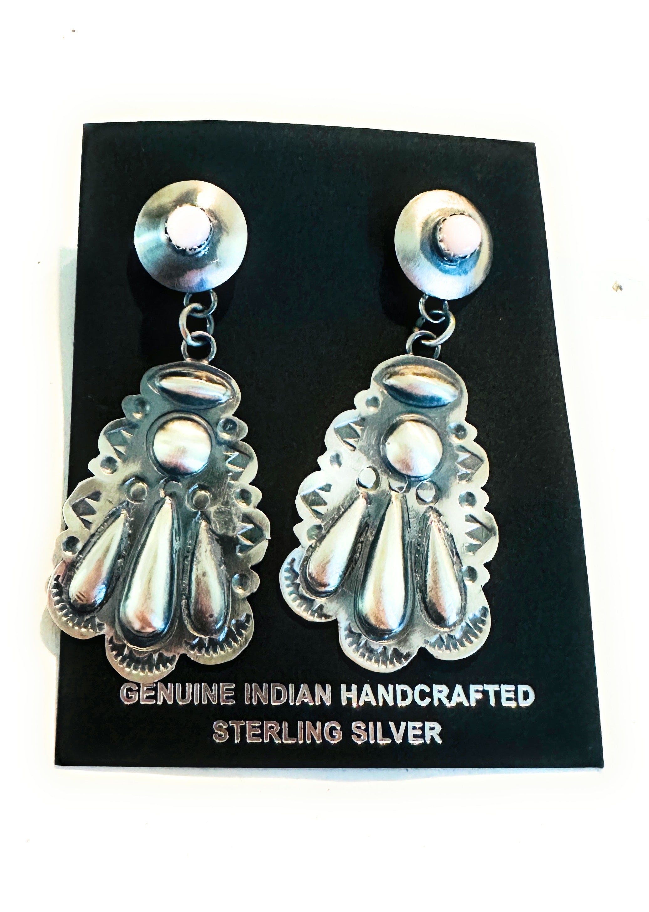 Handcrafted Queen Pink Conch & Sterling Silver Concho Dangle Earrings